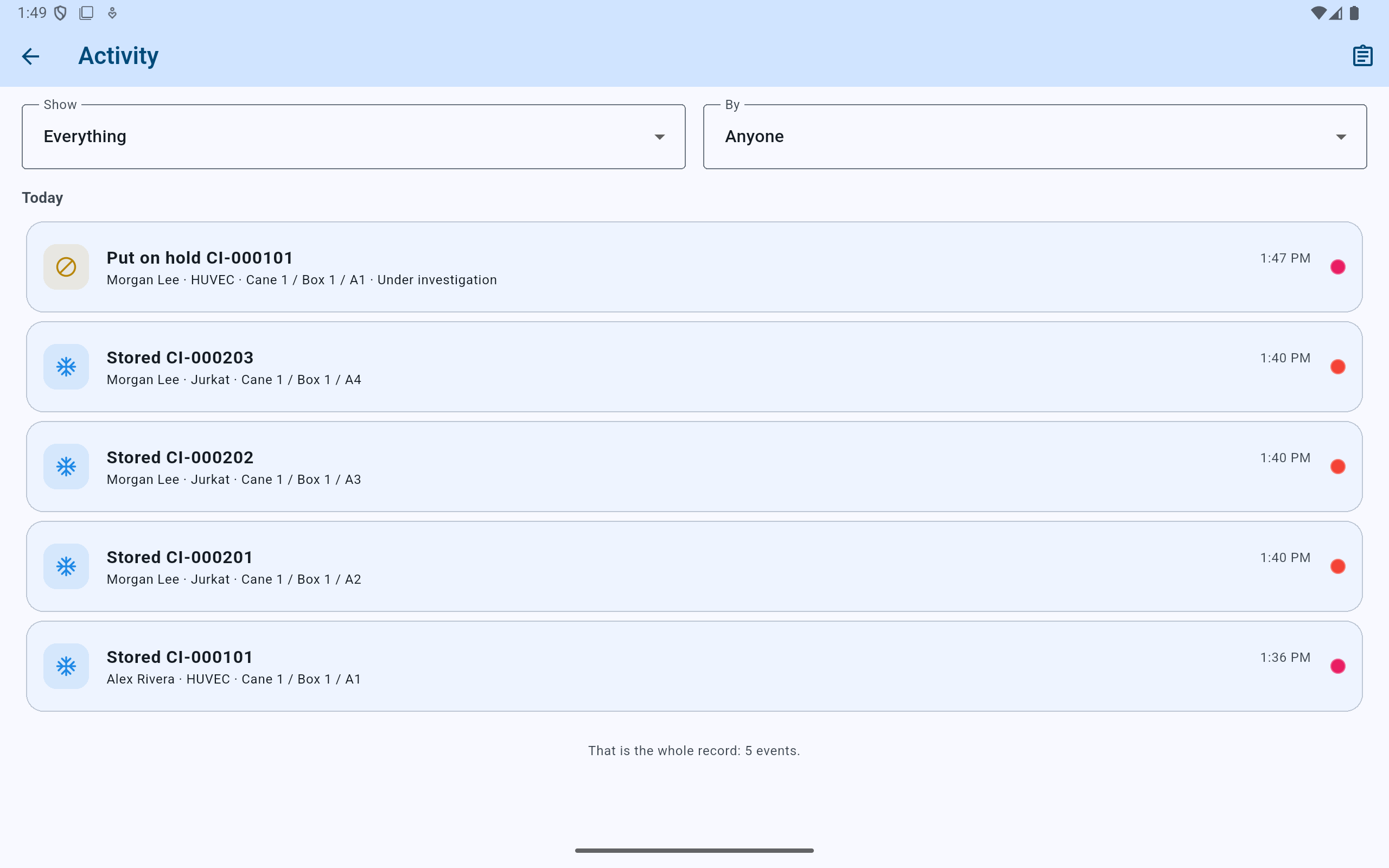 CryoIndex Activity screen showing a do-not-use hold and four storage events, with Everything and Anyone selected.