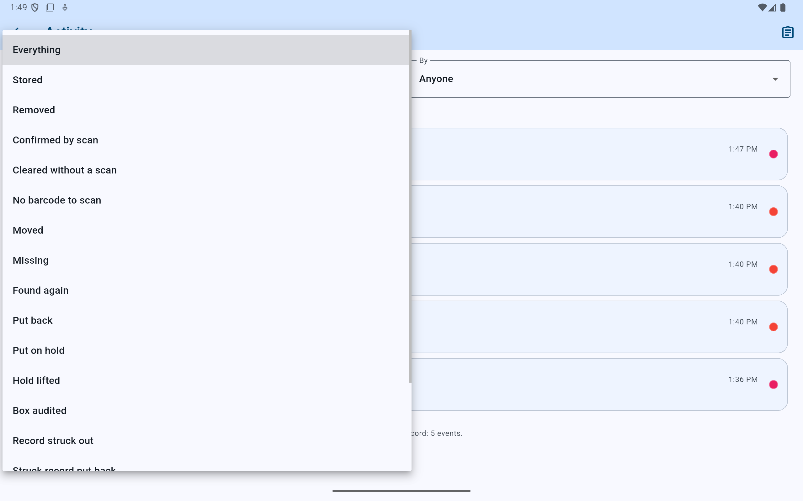 CryoIndex Show menu listing activity types including Stored, Removed, Moved, Missing, Found again, Put back, Put on hold, Box audited, and struck-record events.