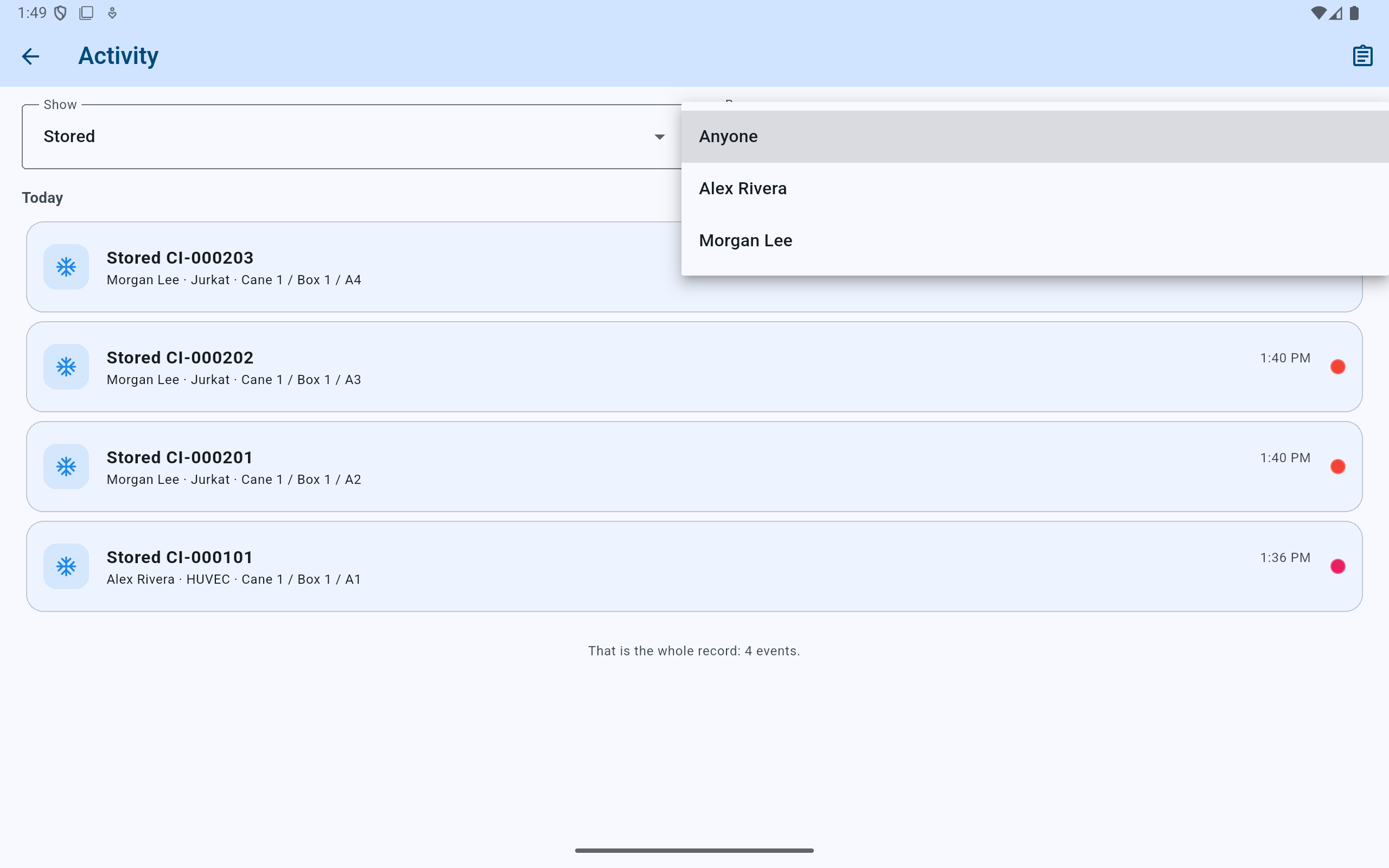CryoIndex activity screen with Stored selected and the operator menu listing Anyone, Alex Rivera, and Morgan Lee.