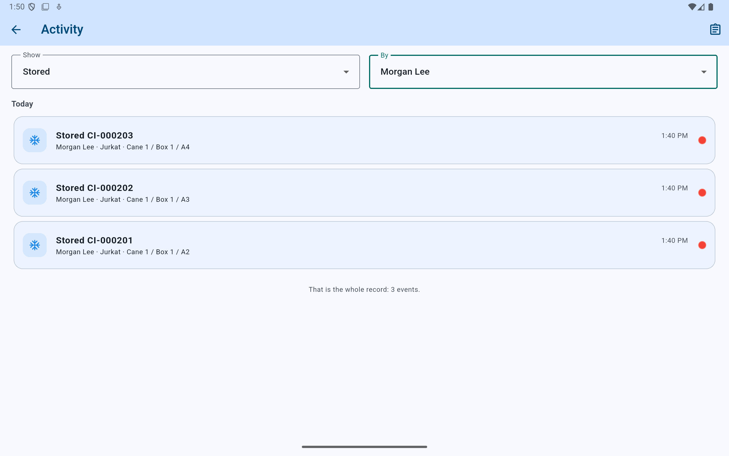 CryoIndex showing three Stored events attributed to Morgan Lee.