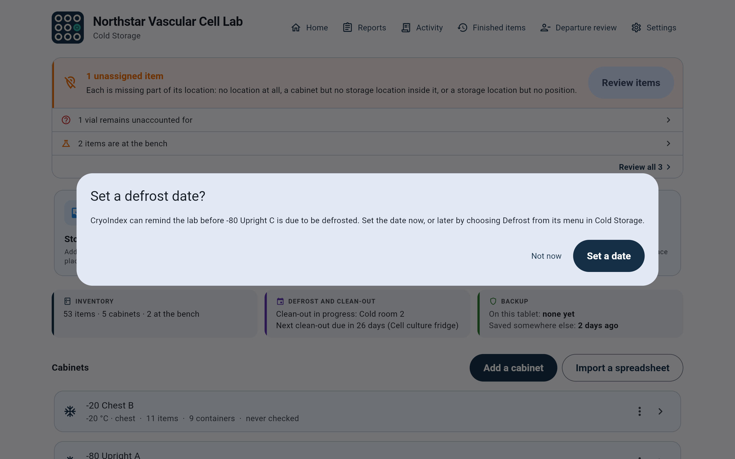 Dialog Set a defrost date? explaining that CryoIndex can remind the lab before -80 Upright C is due to be defrosted, with Not now and Set a date.