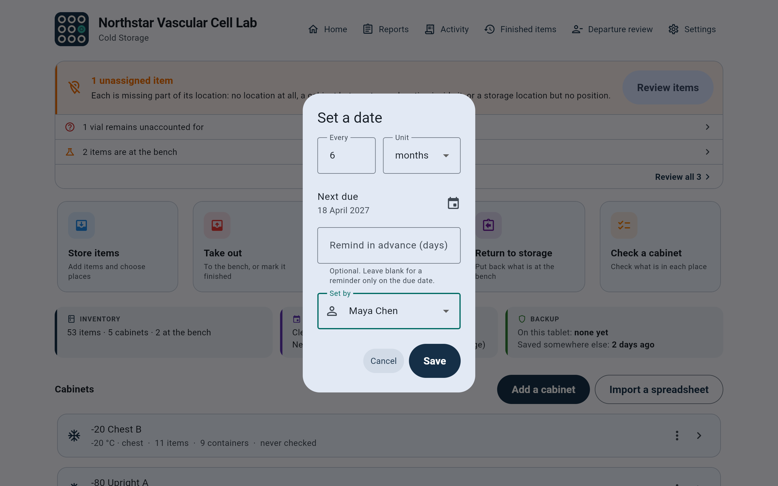 Set a date dialog with Every 6, Unit months, Next due 18 April 2027, an empty Remind in advance (days) field, Set by Maya Chen, and Cancel and Save.