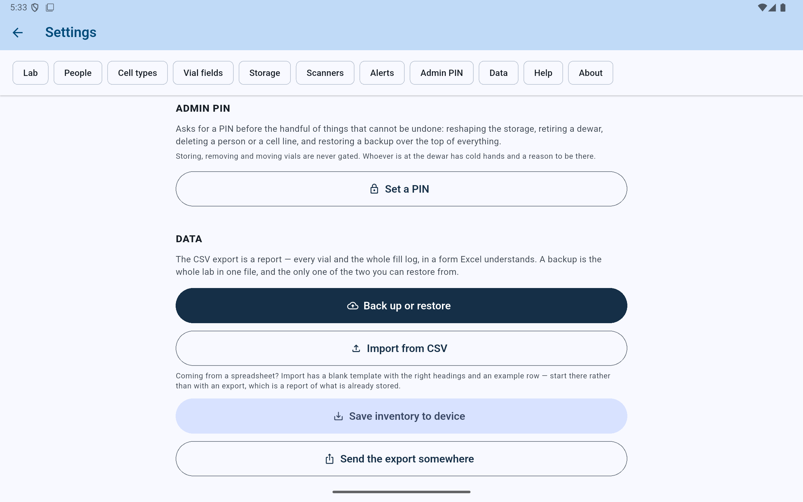 CryoIndex Admin PIN settings explaining which structural and recovery actions are protected.