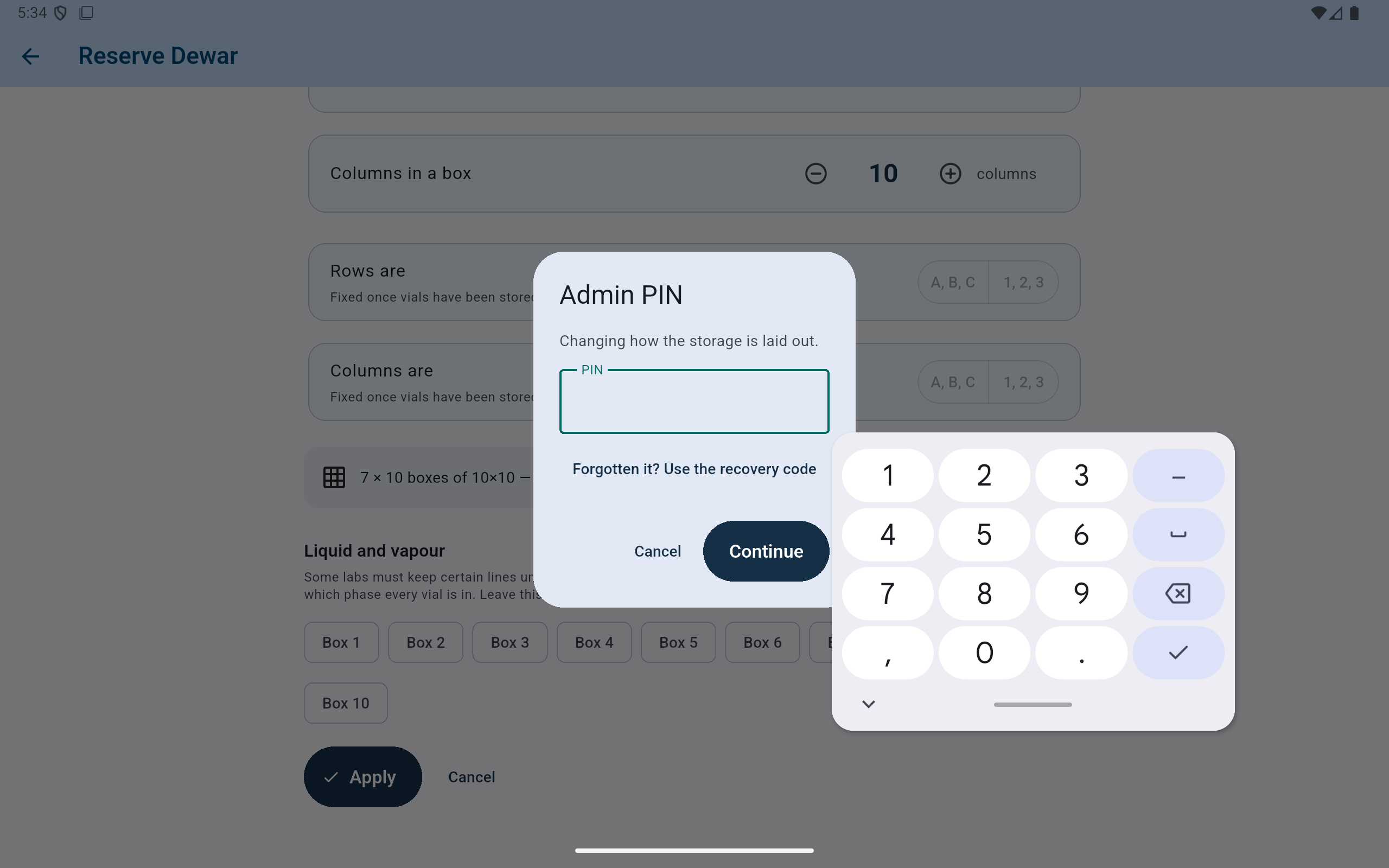 CryoIndex prompt requesting the Admin PIN before a protected action.