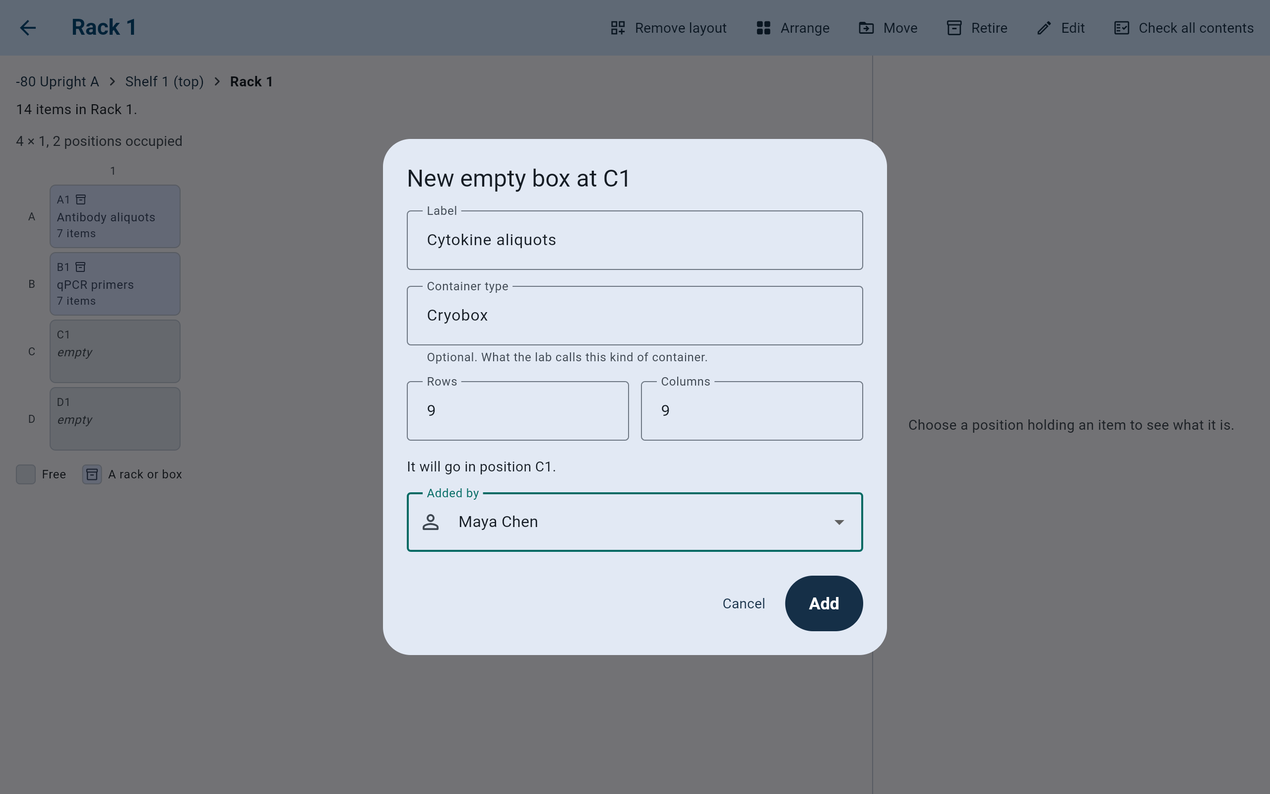 New empty box at C1 dialog with Label Cytokine aliquots, Container type Cryobox, Rows 9, Columns 9, the line It will go in position C1, Added by Maya Chen, and Cancel and Add.