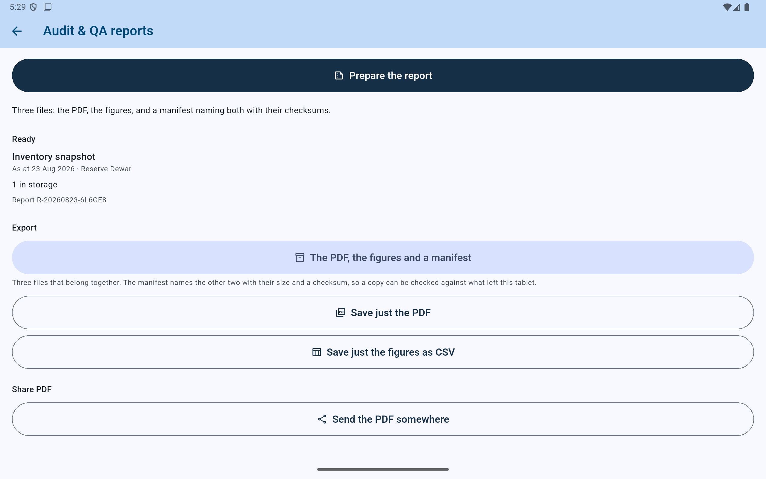 CryoIndex report screen showing complete bundle, PDF, CSV, and share options.