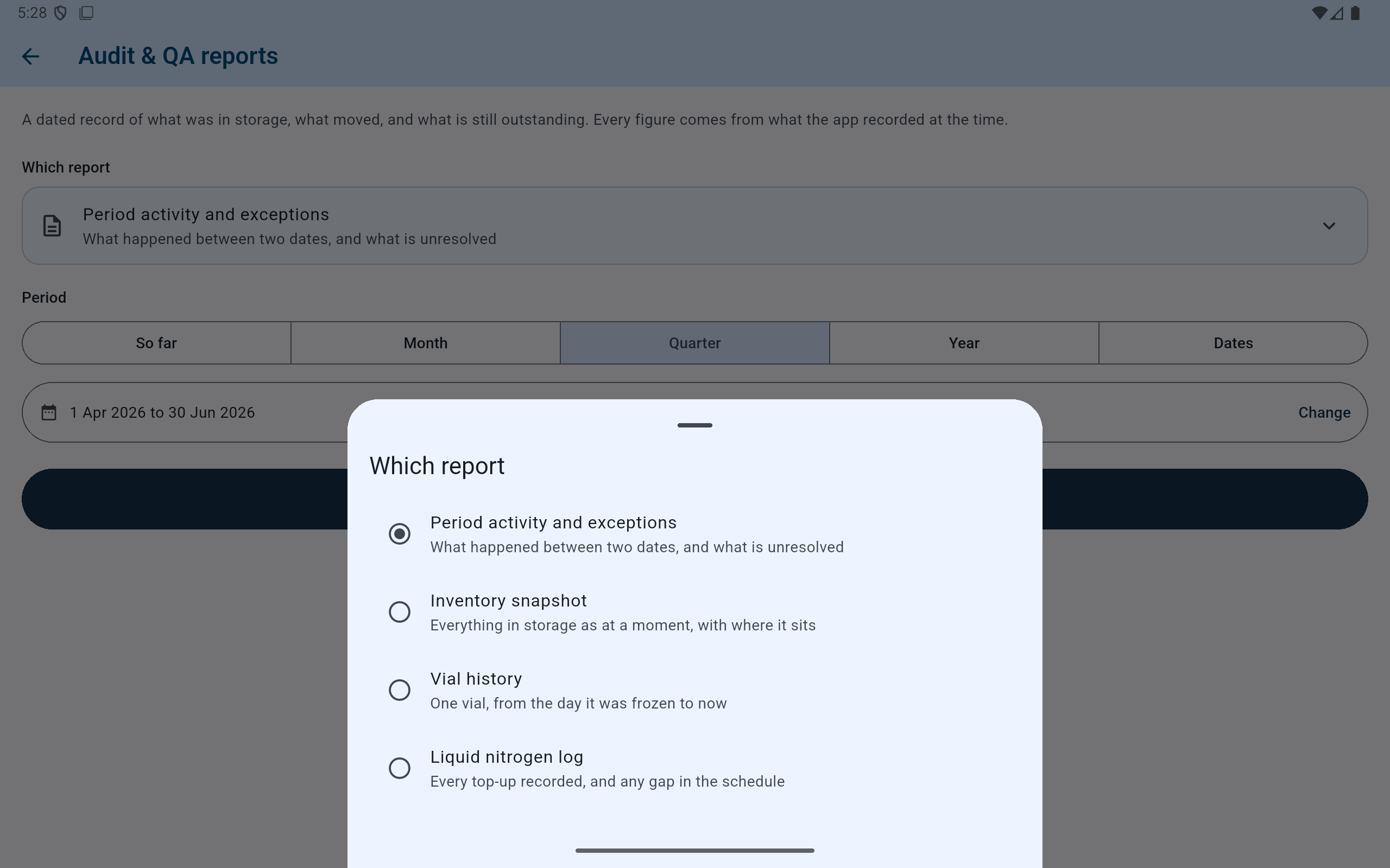 CryoIndex Audit and QA report builder showing the four available report presets.