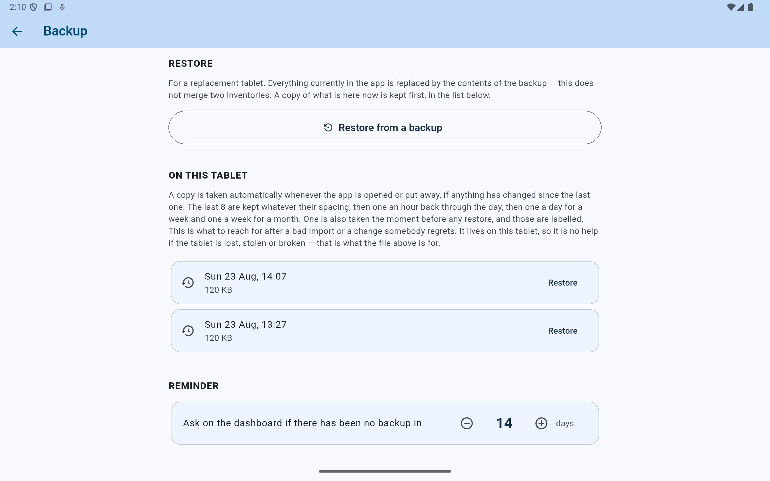 CryoIndex Backup screen explaining on-tablet automatic copies and listing two timestamped copies with Restore actions.