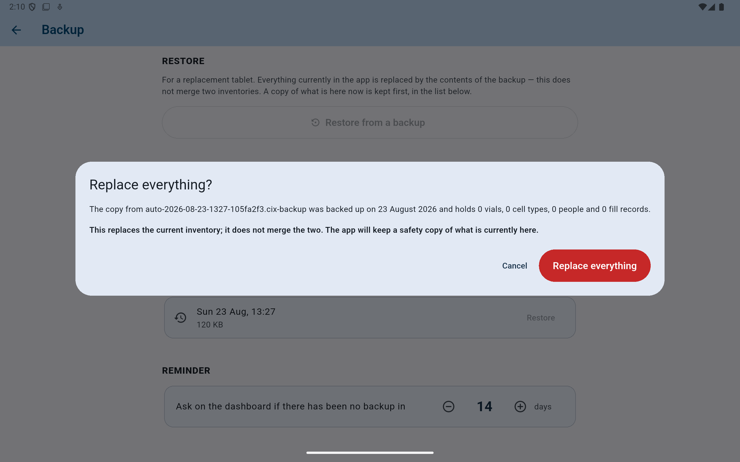 CryoIndex Replace everything dialog warning that a selected automatic copy contains zero vials, cell types, people, and fill records and will replace rather than merge.