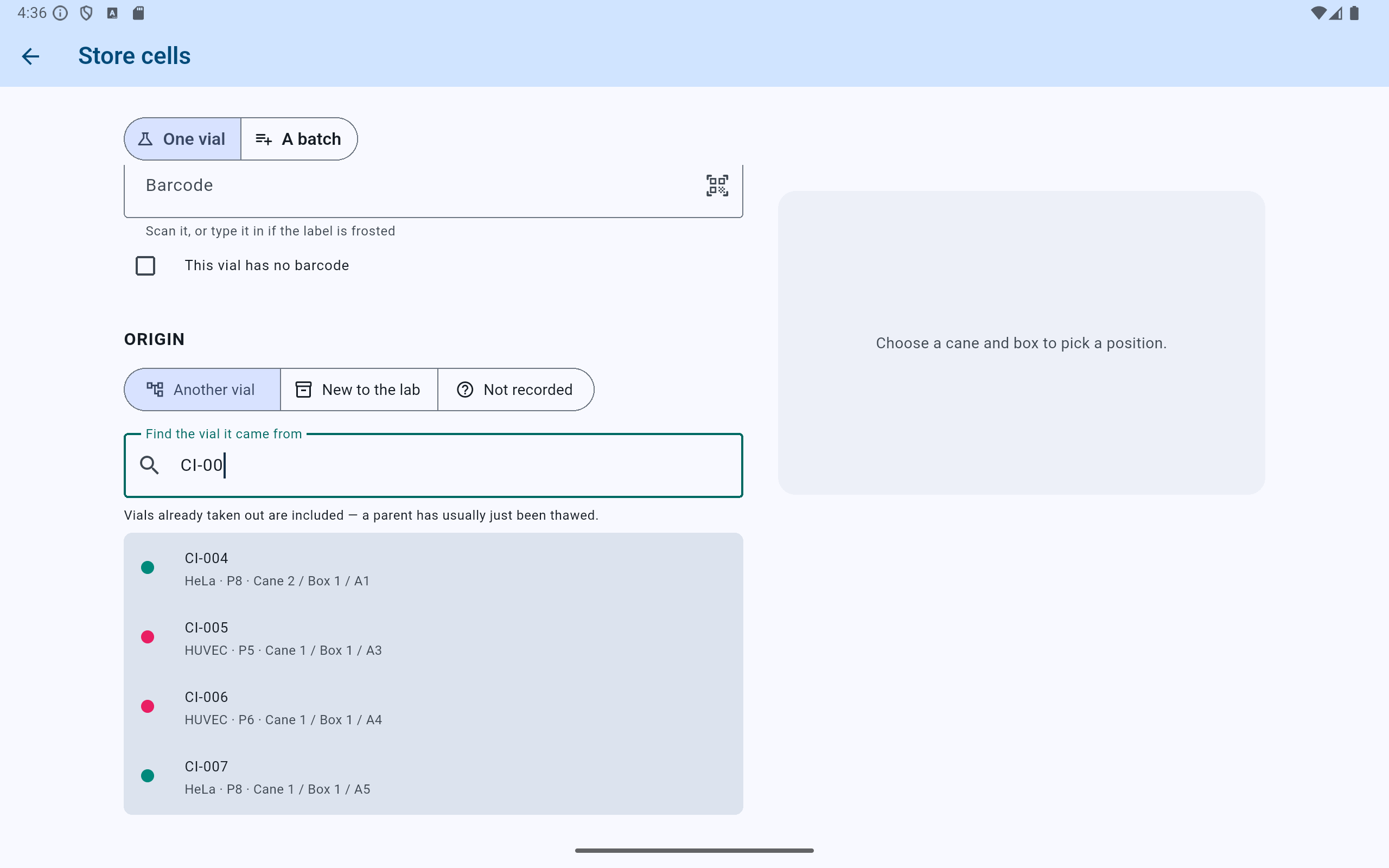 The parent search in CryoIndex Store cells listing CI-004, CI-005, CI-006 and CI-007, each with its cell line, passage and exact position.