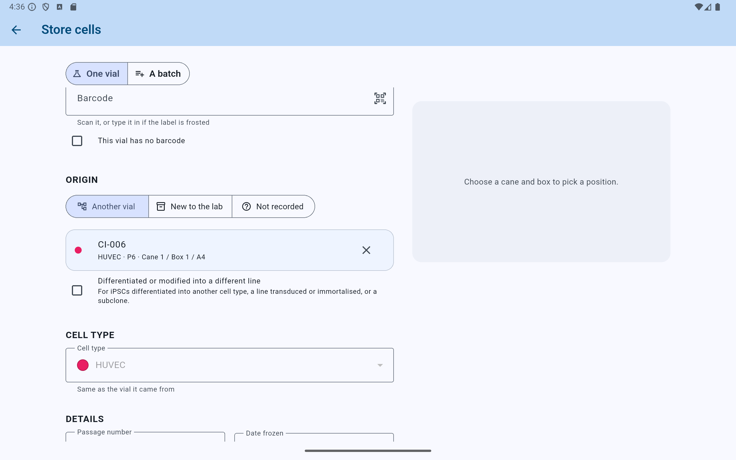CryoIndex Store cells after choosing CI-006 as the parent: the chosen record is shown as a chip, a Differentiated or modified checkbox sits below it, and Cell type is fixed to HUVEC and labelled Same as the vial it came from.