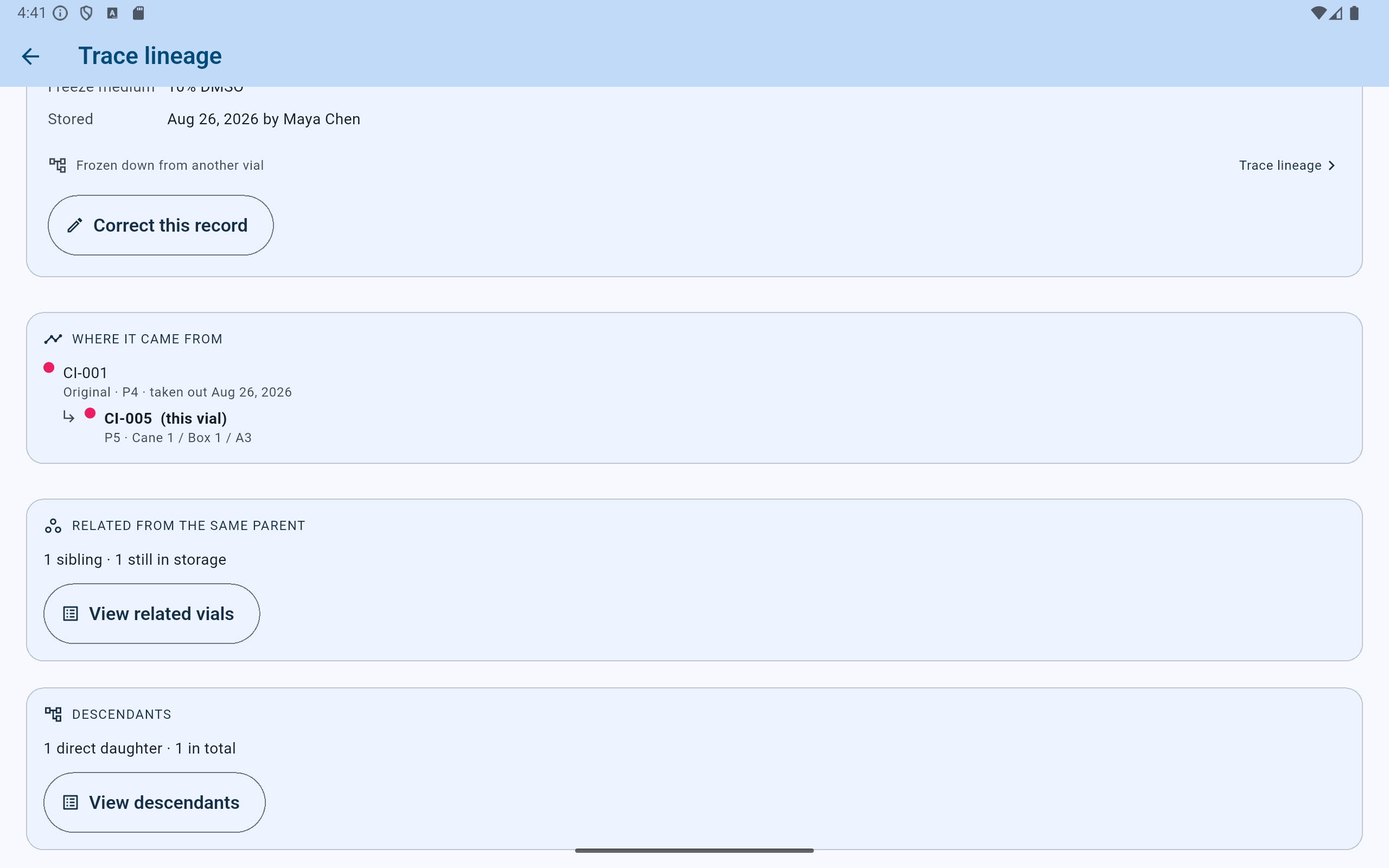 The CryoIndex trace screen for CI-005 with three cards: Where it came from showing CI-001 above it, Related from the same parent showing one sibling, and Descendants showing one direct daughter.