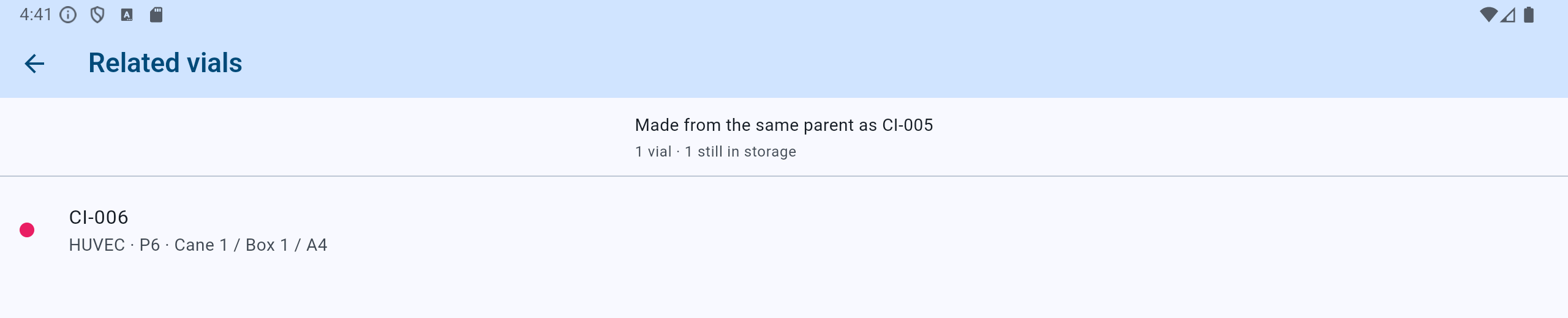 The CryoIndex related-vials list, headed Made from the same parent as CI-005, listing CI-006 with its cell line, passage and position.