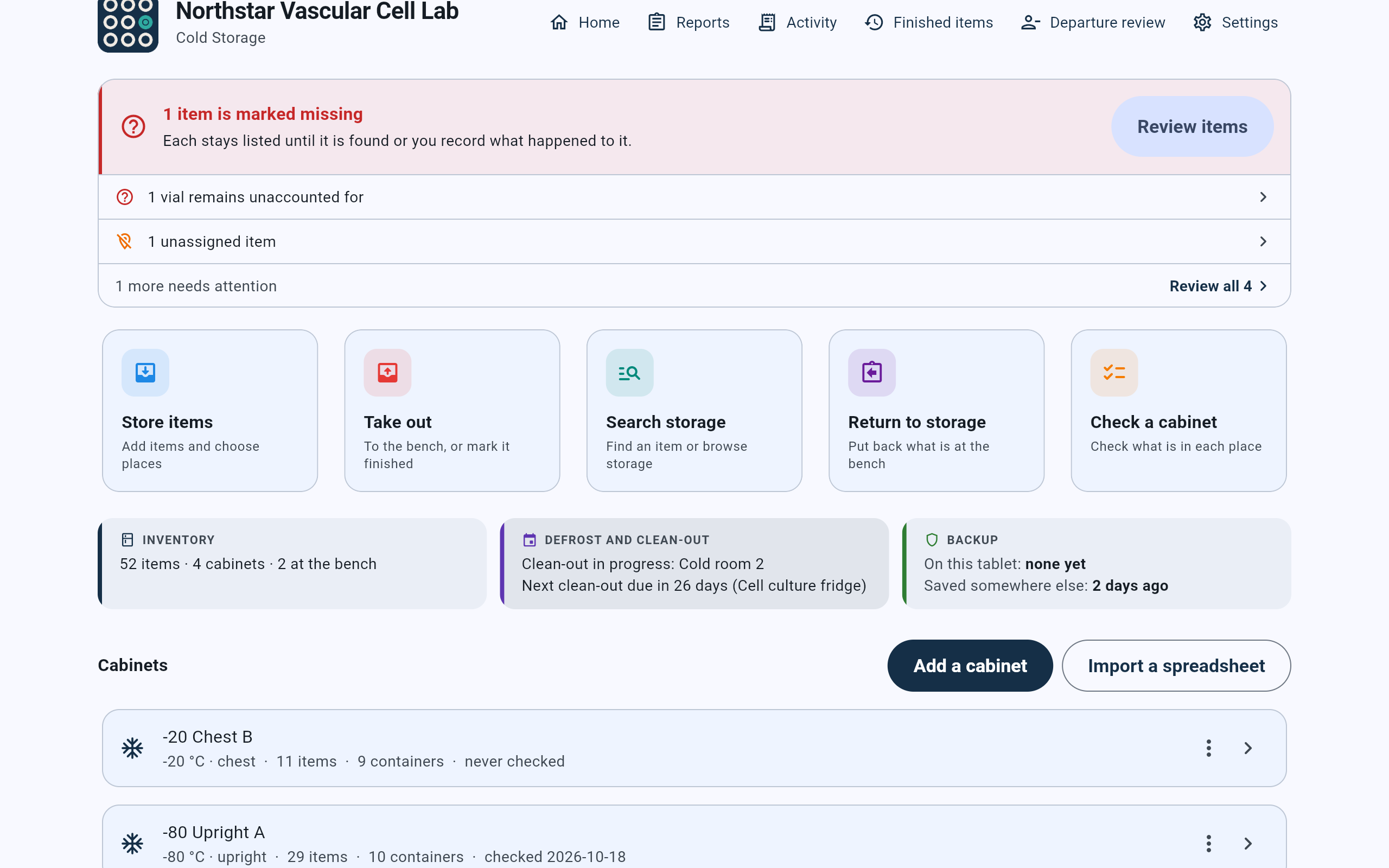 The Cold Storage dashboard after the check: an alert reading 1 item is marked missing with a Review items button, and the -80 Upright A row reading checked 2026-10-18.