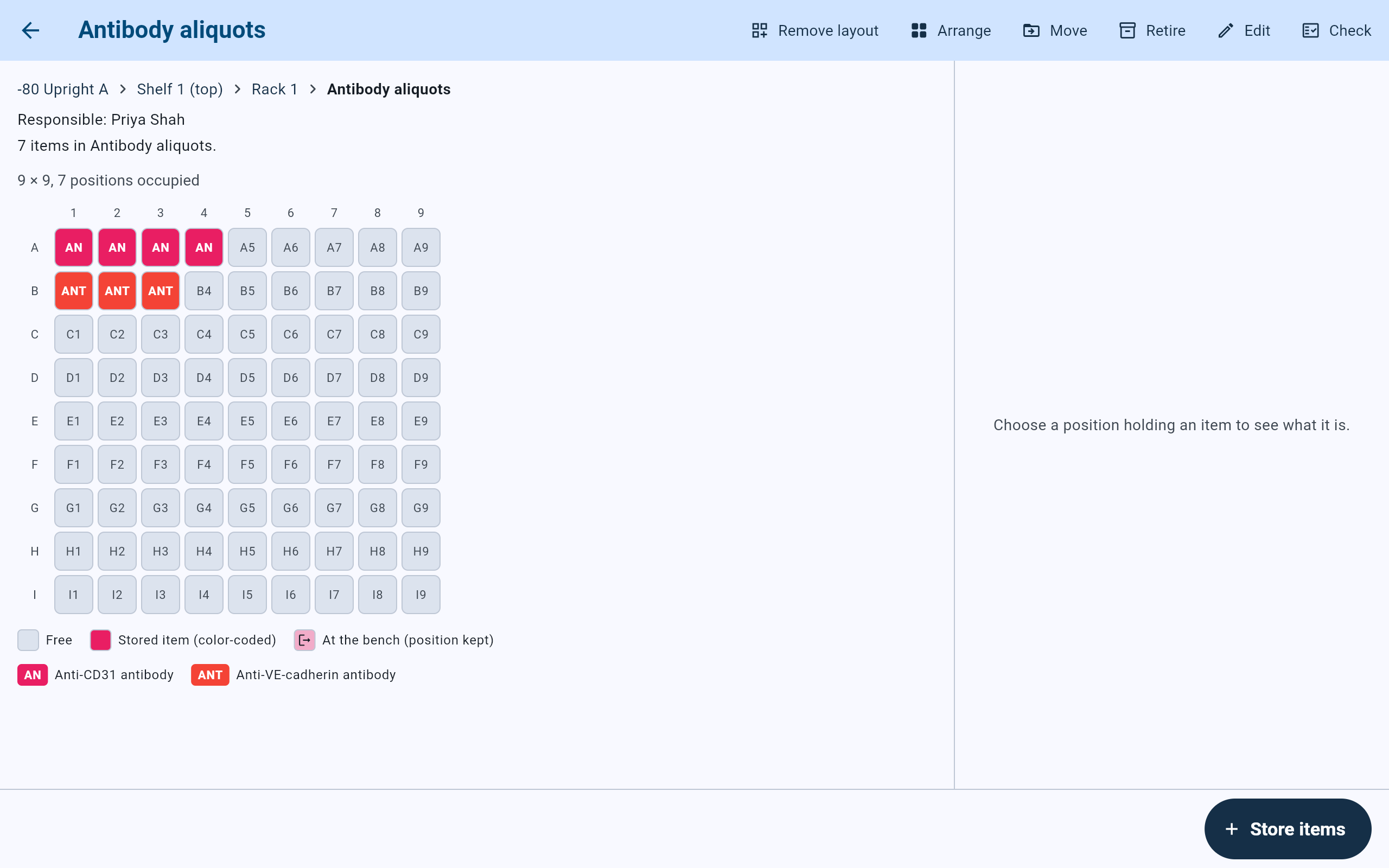 The Antibody aliquots box: -80 Upright A, Shelf 1 (top), Rack 1, responsible Priya Shah, 7 items in a 9 by 9 grid, with Remove layout, Arrange, Move, Retire, Edit and Check at the top.