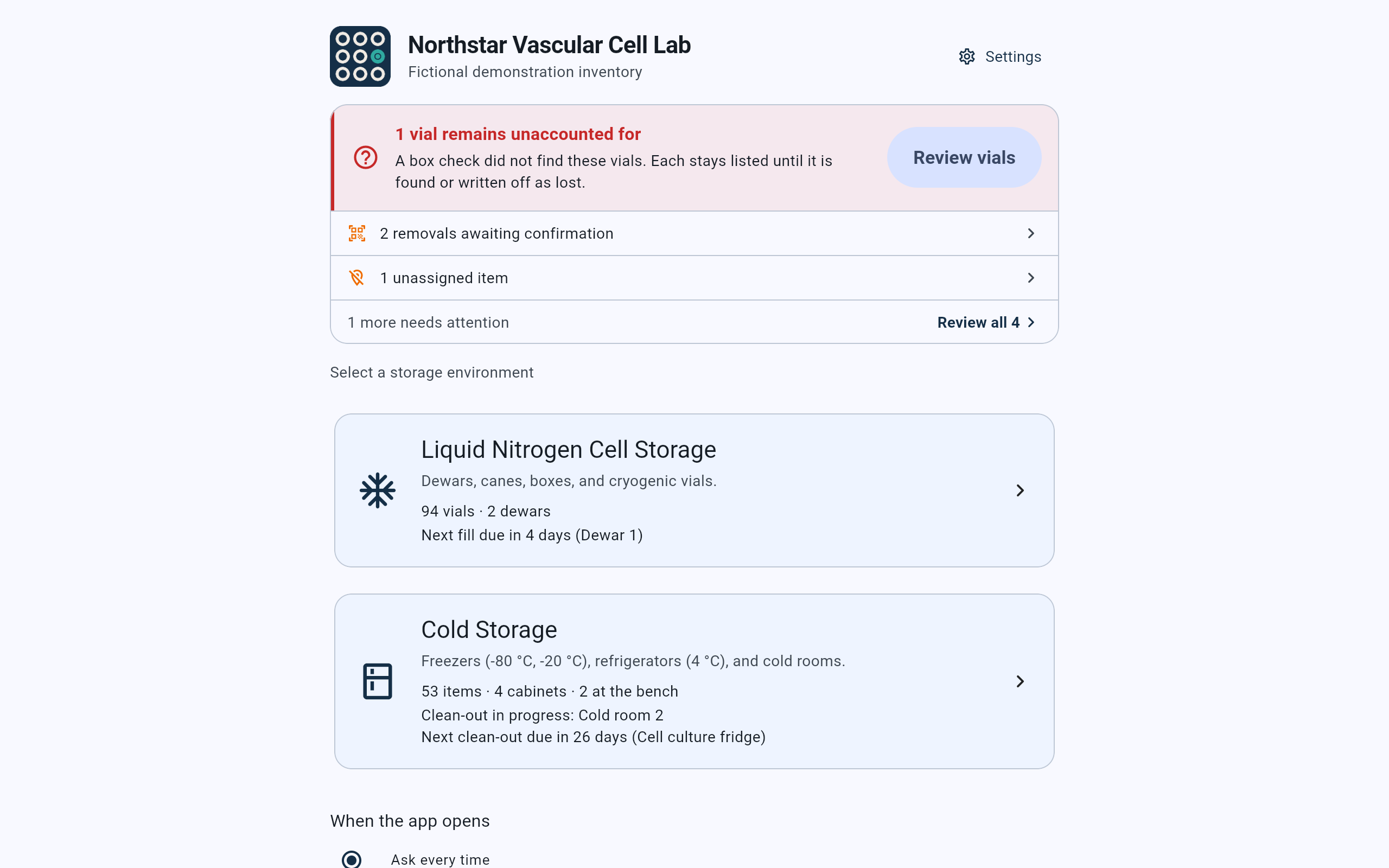 CryoIndex Home for Northstar Vascular Cell Lab with a Settings button, an alert block led by 1 vial remains unaccounted for, the line Select a storage environment, and two cards: Liquid Nitrogen Cell Storage with 94 vials and 2 dewars, and Cold Storage with 53 items, 4 cabinets and 2 at the bench.