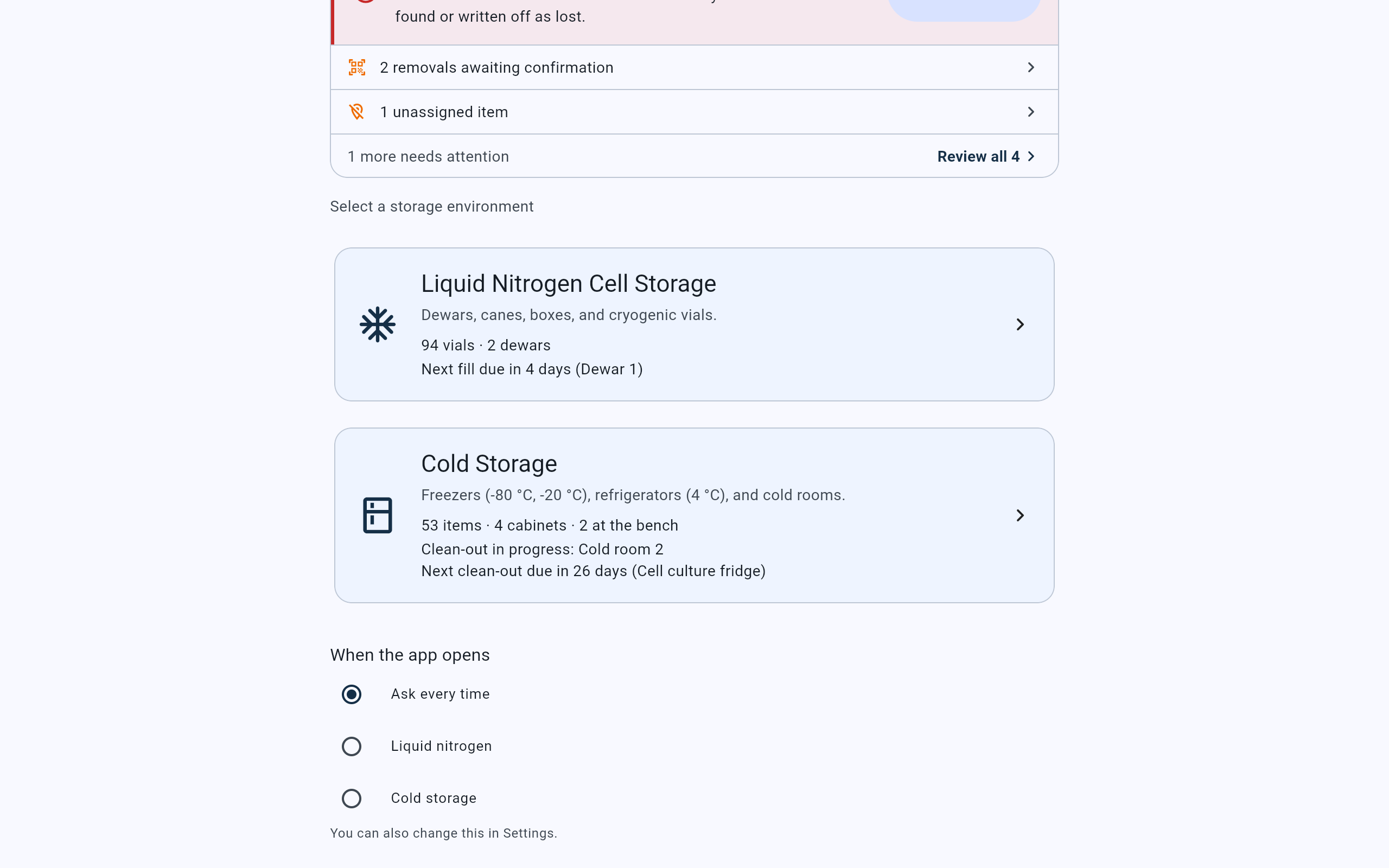 Lower part of CryoIndex Home: the two storage cards, then When the app opens with three choices, Ask every time selected, Liquid nitrogen and Cold storage, and the line You can also change this in Settings.