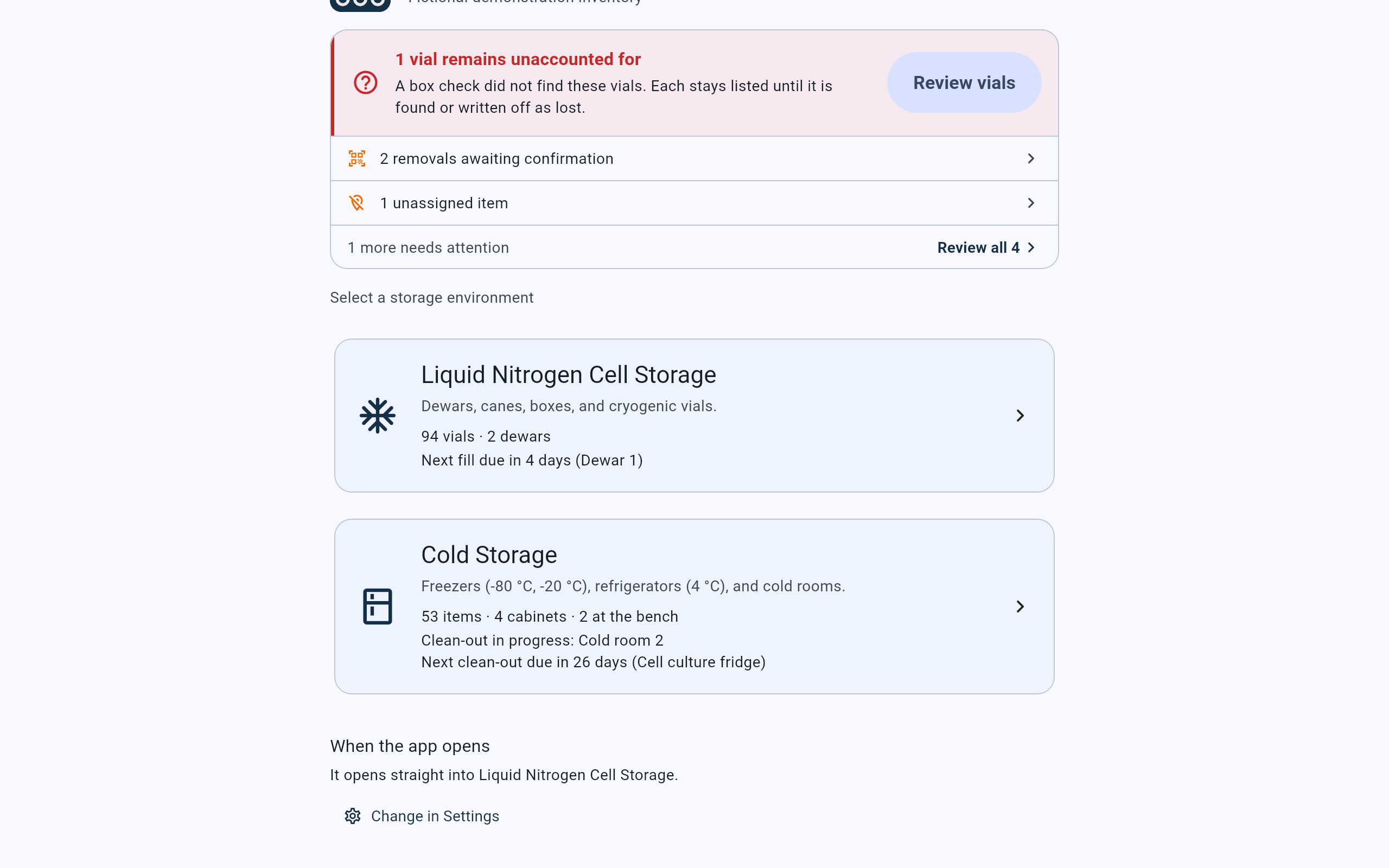 CryoIndex Home after Liquid nitrogen was chosen: both storage cards, then When the app opens with the line It opens straight into Liquid Nitrogen Cell Storage and a Change in Settings button.
