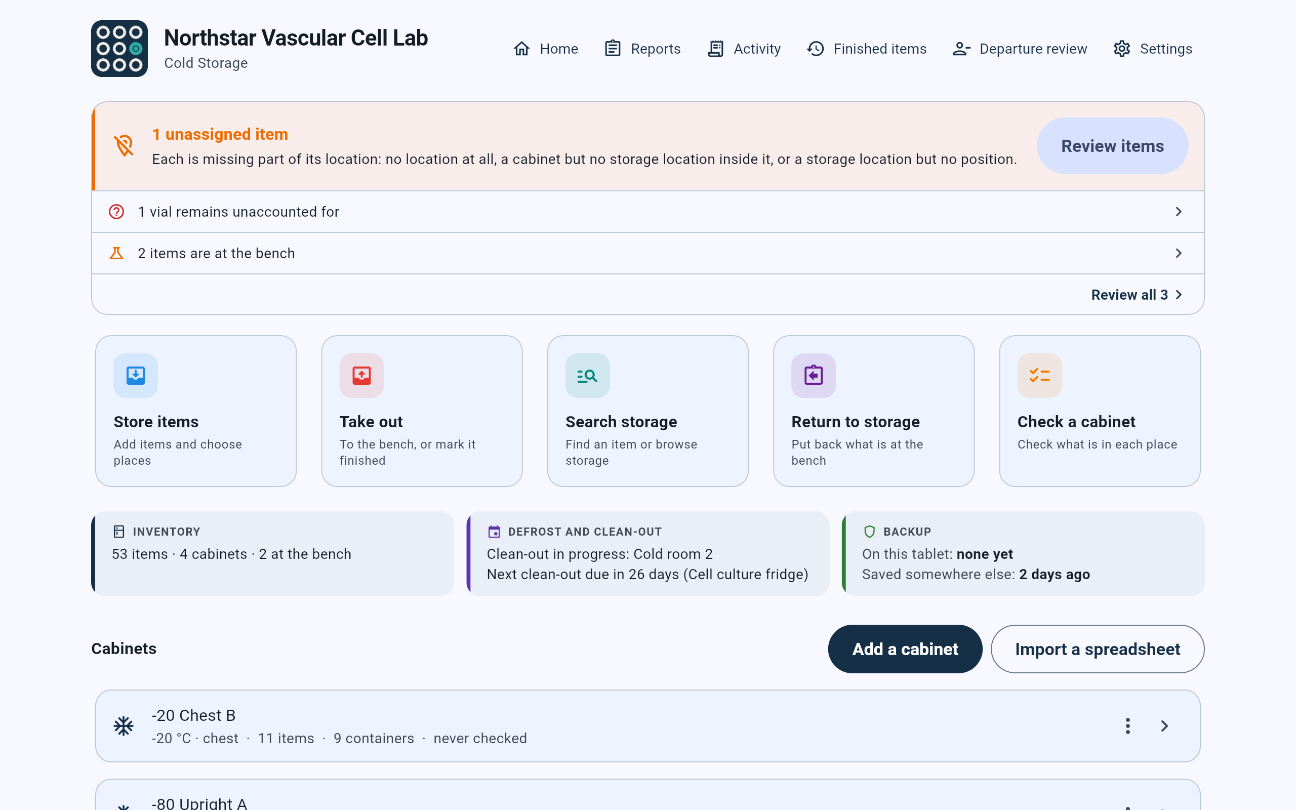 Top of the CryoIndex Cold Storage dashboard: the alert 1 unassigned item in full with its explanation and a Review items button, then the single lines 1 vial remains unaccounted for and 2 items are at the bench, and Review all 3.