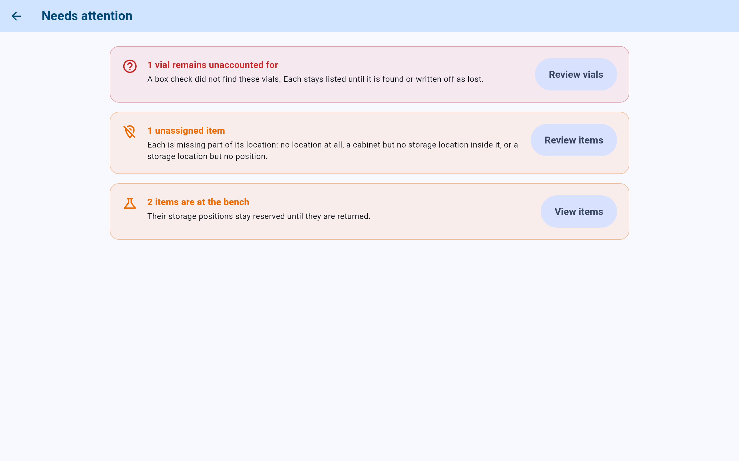 CryoIndex Needs attention screen with three cards: 1 vial remains unaccounted for with Review vials, 1 unassigned item with Review items, and 2 items are at the bench with View items.