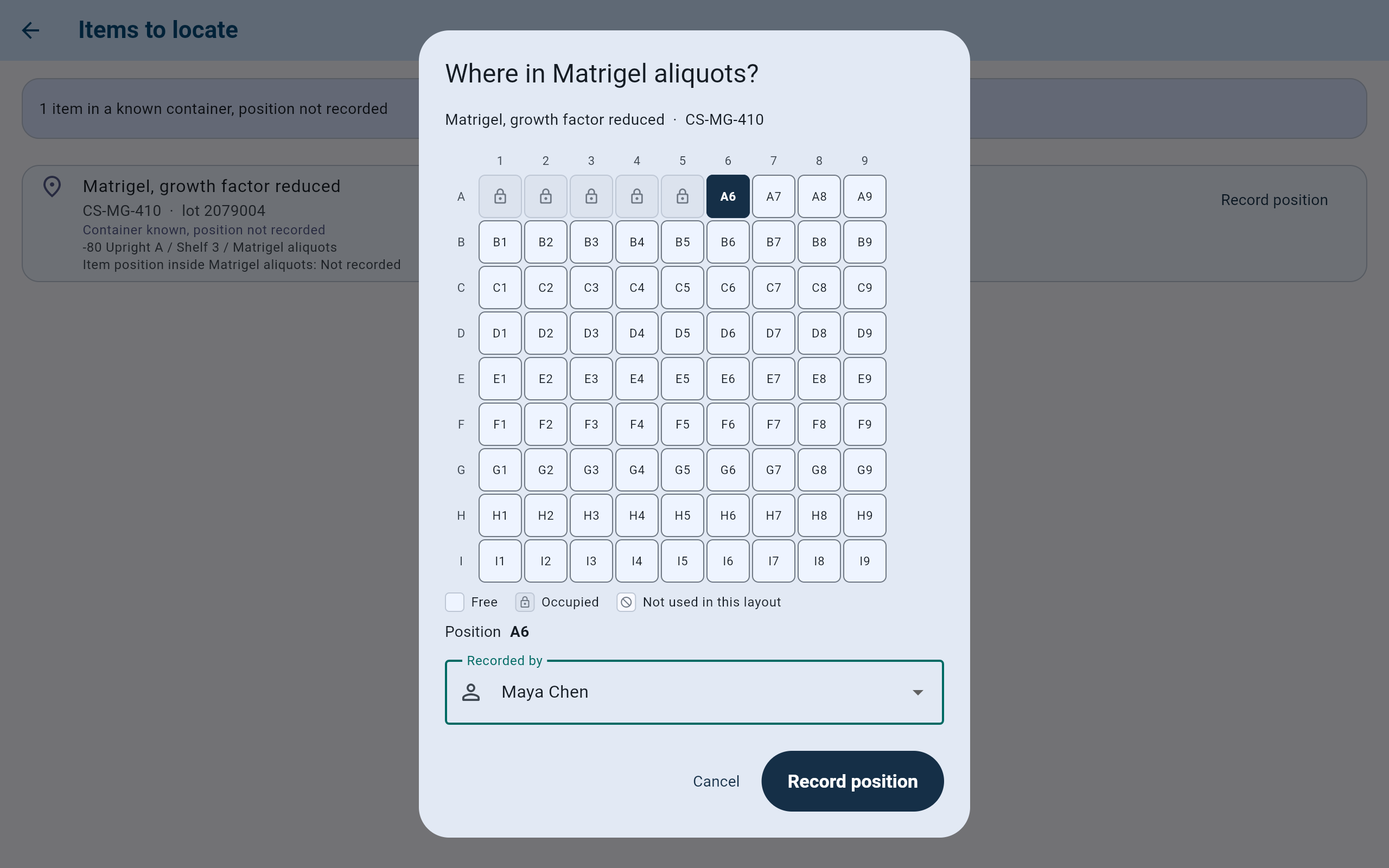 CryoIndex dialog Where in Matrigel aliquots? for Matrigel, growth factor reduced CS-MG-410, with a 9 by 9 grid where A1 to A5 are locked and A6 is selected, the key Free, Occupied, Not used in this layout, Position A6, Recorded by Maya Chen, Cancel and Record position.