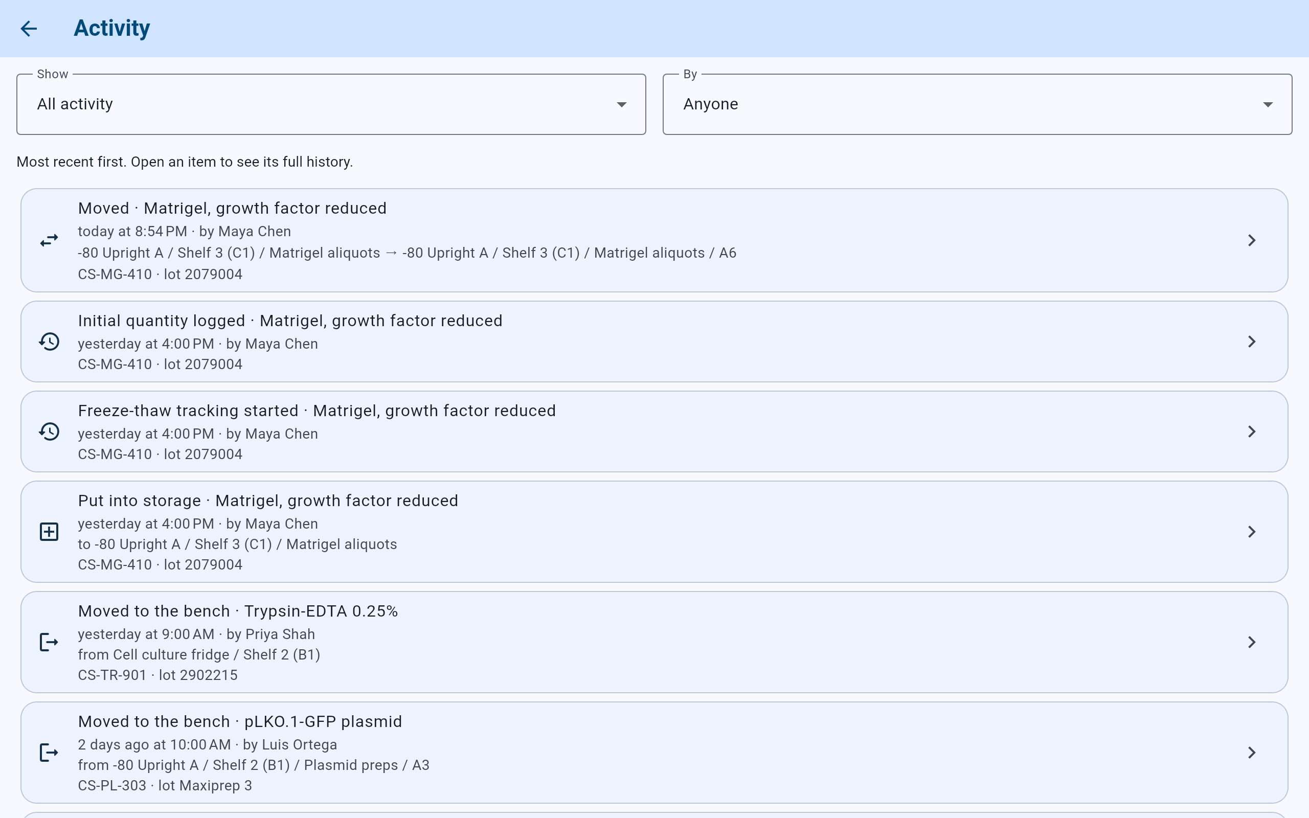 CryoIndex Cold Storage Activity with Show set to All activity and By set to Anyone, listing Moved · Matrigel, growth factor reduced today by Maya Chen from -80 Upright A / Shelf 3 (C1) / Matrigel aliquots to the same box at A6, then Initial quantity logged, Freeze-thaw tracking started, Put into storage, and Moved to the bench entries.
