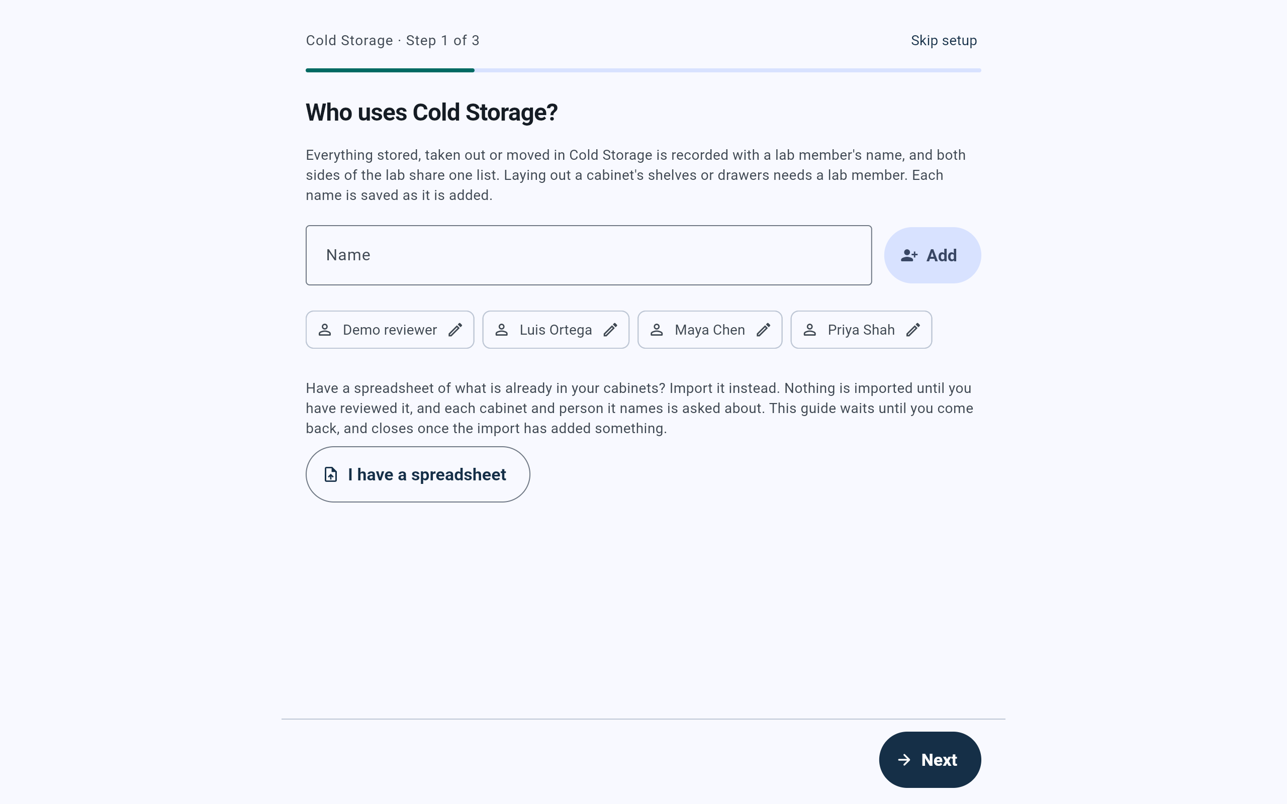 Cold Storage setup guide, step 1 of 3, Who uses Cold Storage?, with a Name field, an Add button, chips for Demo reviewer, Luis Ortega, Maya Chen and Priya Shah, and an I have a spreadsheet button.