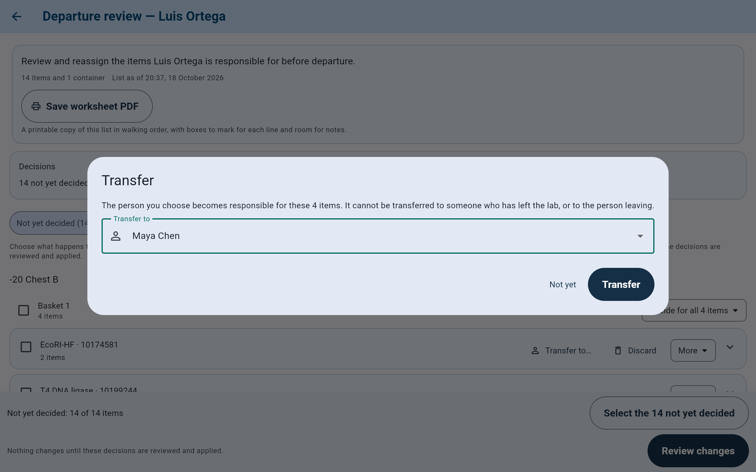 The Transfer dialog for 4 items, with Maya Chen chosen under Transfer to, and the buttons Not yet and Transfer.