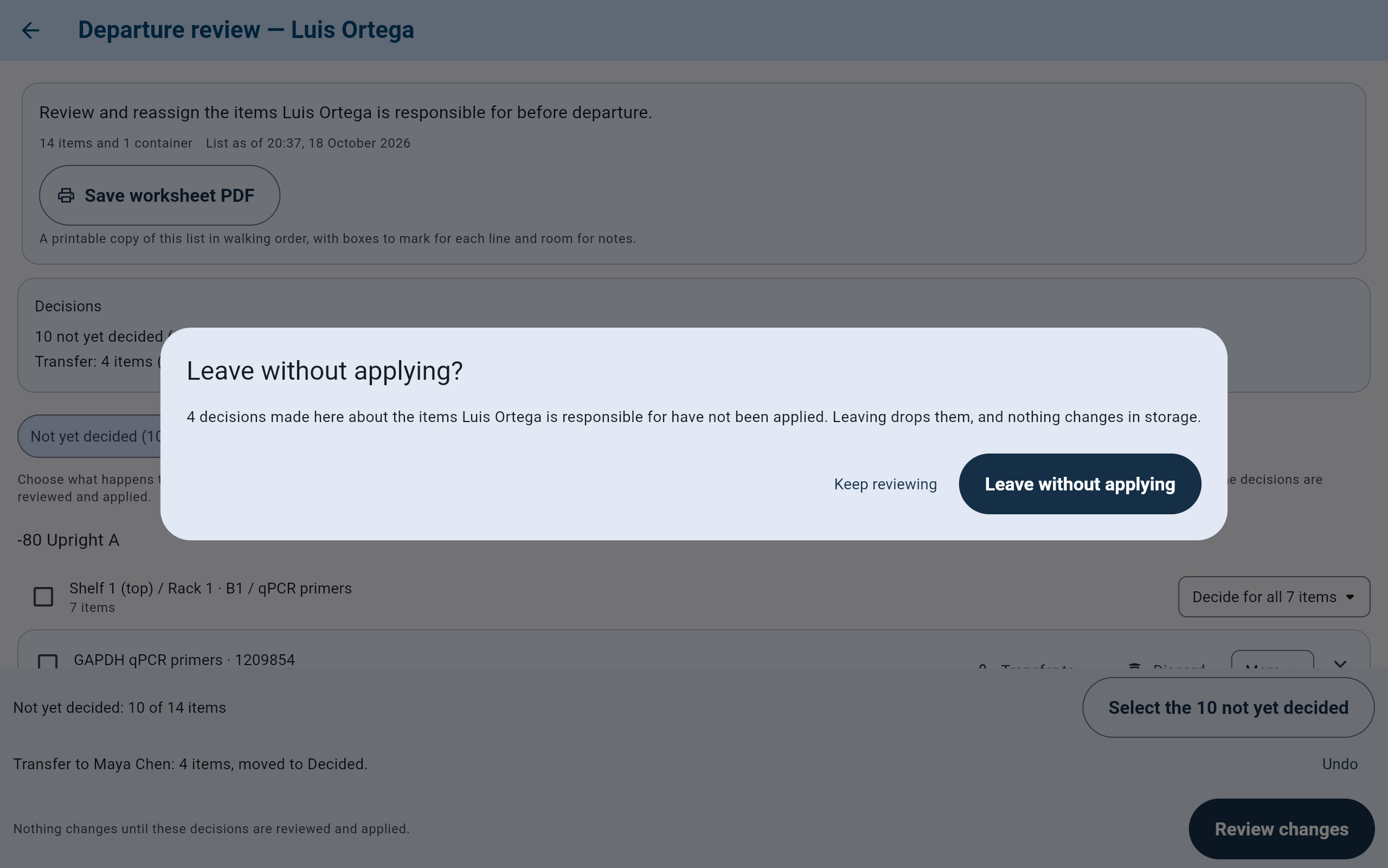 The Leave without applying dialog: 4 decisions made here about the items Luis Ortega is responsible for have not been applied. Leaving drops them, and nothing changes in storage. Buttons Keep reviewing and Leave without applying.