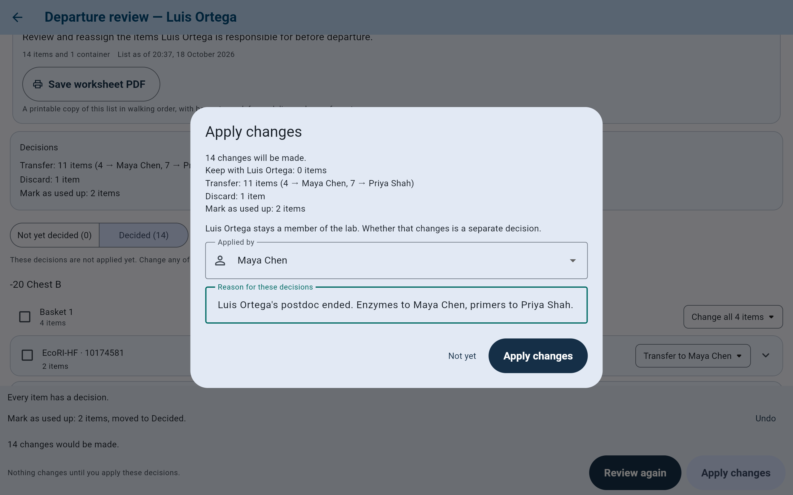 The Apply changes dialog: 14 changes will be made, Keep with Luis Ortega: 0 items, Transfer: 11 items, Discard: 1 item, Mark as used up: 2 items. Luis Ortega stays a member of the lab. Applied by Maya Chen, and a reason typed in.