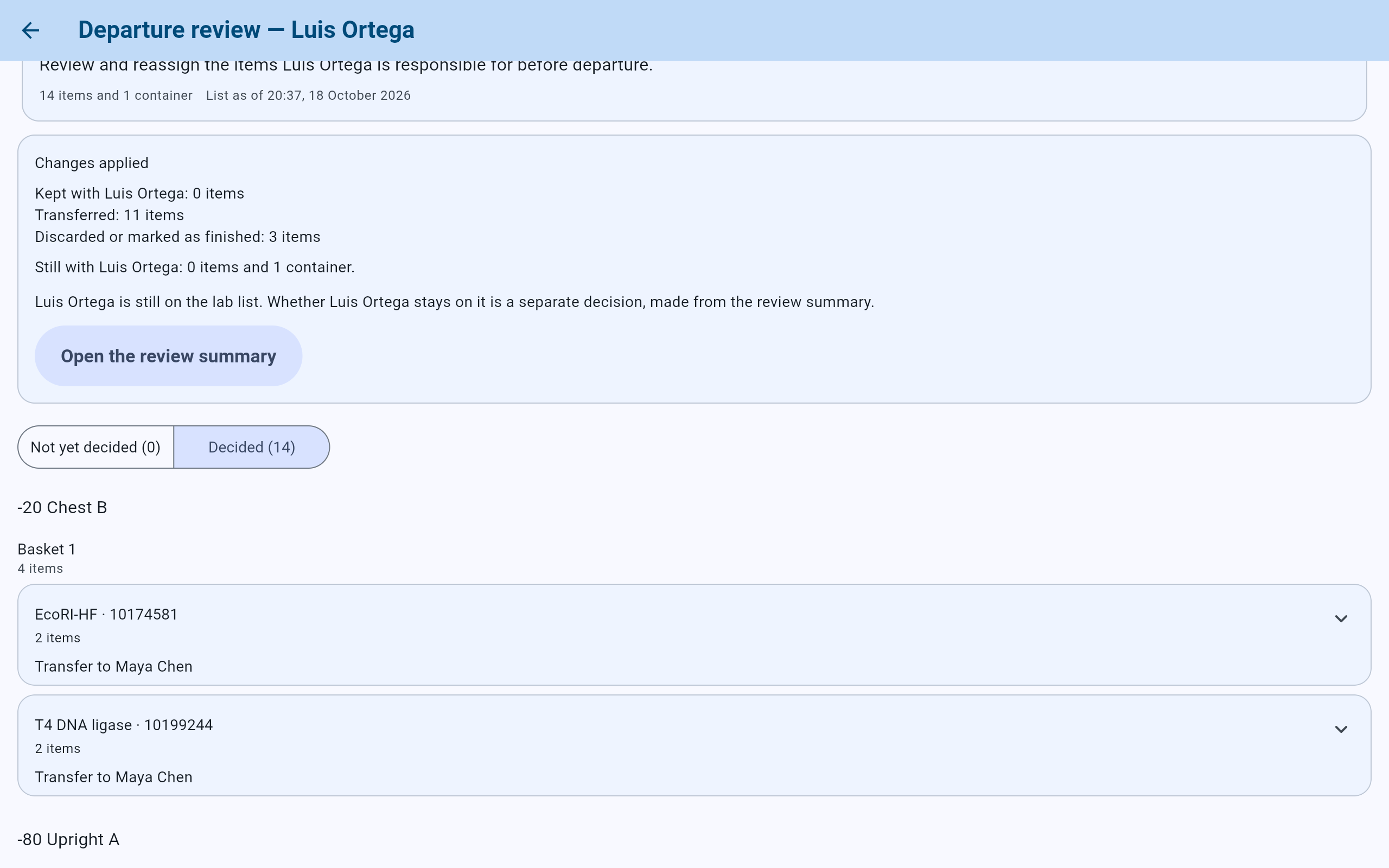 The Changes applied card: Kept with Luis Ortega: 0 items, Transferred: 11 items, Discarded or marked as finished: 3 items. Still with Luis Ortega: 0 items and 1 container. Luis Ortega is still on the lab list. An Open the review summary button.