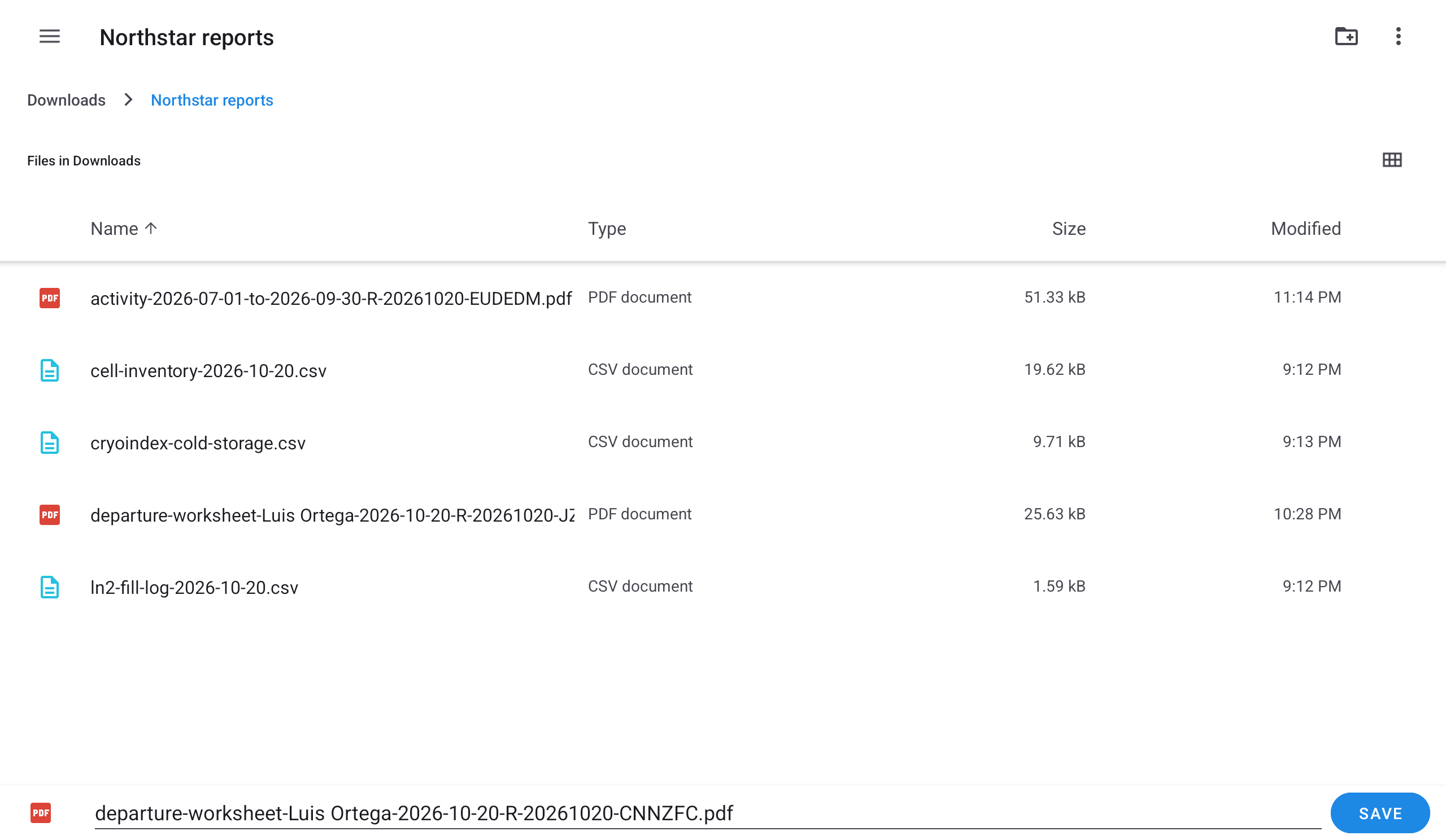The Android save window open at Downloads, Northstar reports, listing the files already there, with the file name departure-worksheet-Luis Ortega-2026-10-20-R-20261020-CNNZFC.pdf filled in and the SAVE button.