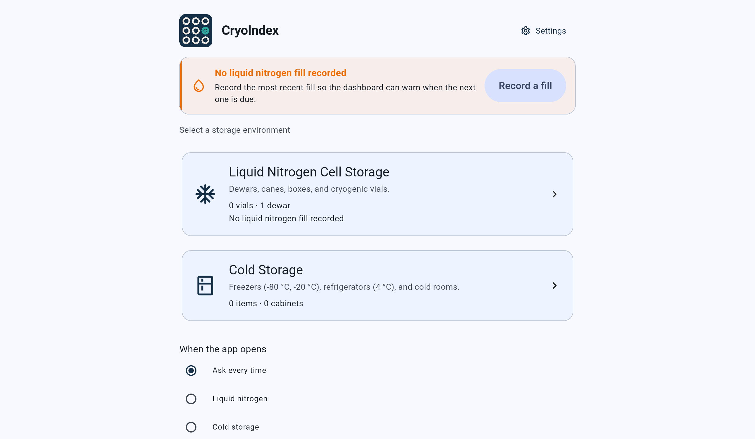 CryoIndex Home straight after erasing: the CryoIndex mark and name in place of the lab’s, No liquid nitrogen fill recorded, Liquid Nitrogen Cell Storage with 0 vials and 1 dewar, Cold Storage with 0 items and 0 cabinets, and When the app opens asked again with Ask every time selected.