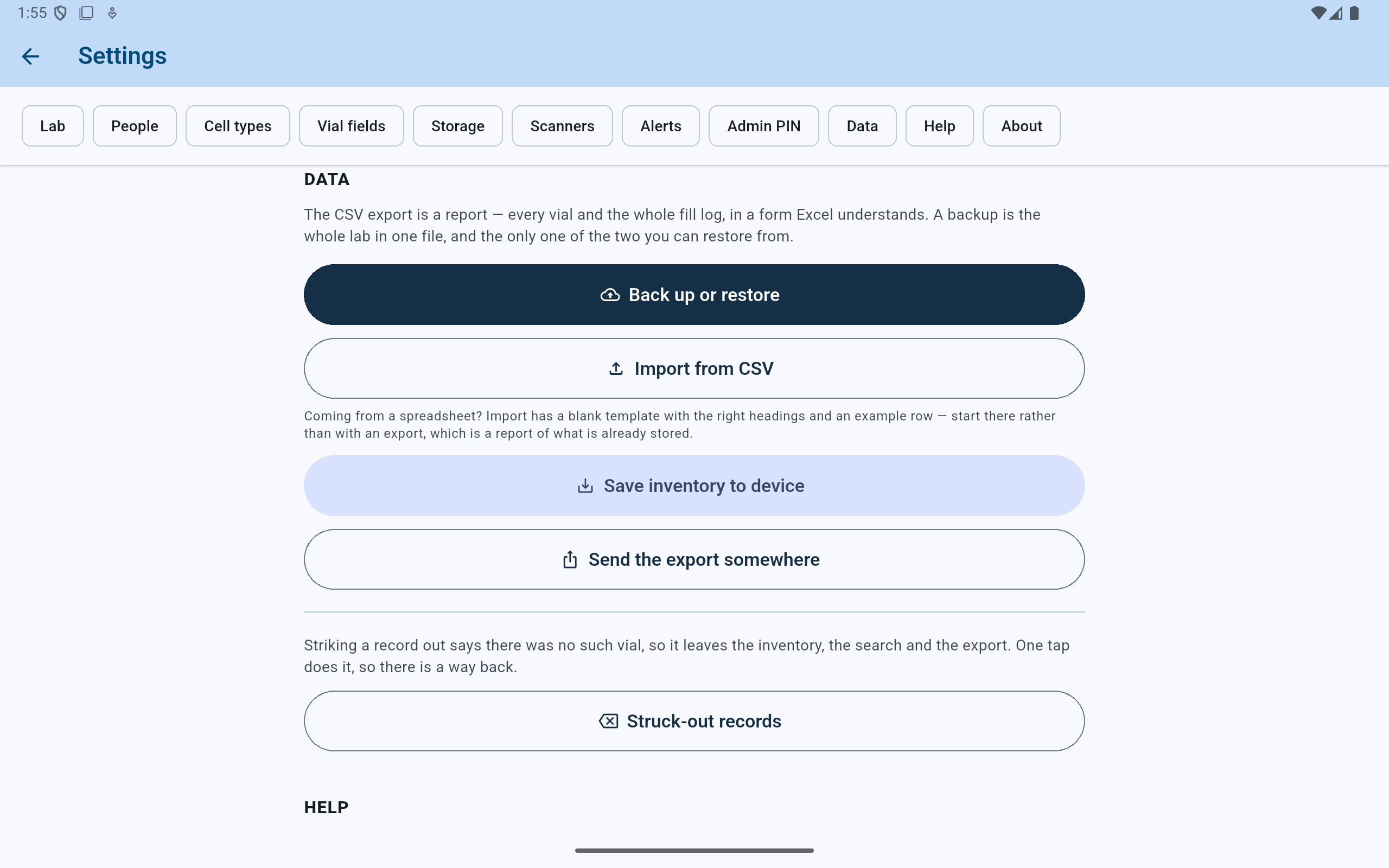 CryoIndex Data settings showing backup, CSV import, Save inventory to device, and Send the export somewhere.