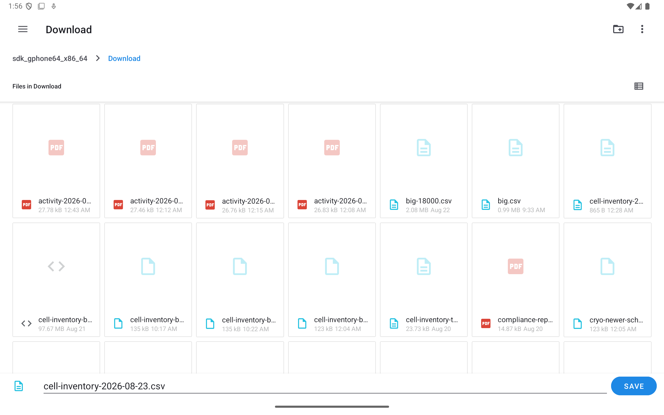 Android document picker proposing cell-inventory-2026-08-23.csv in the Download folder.