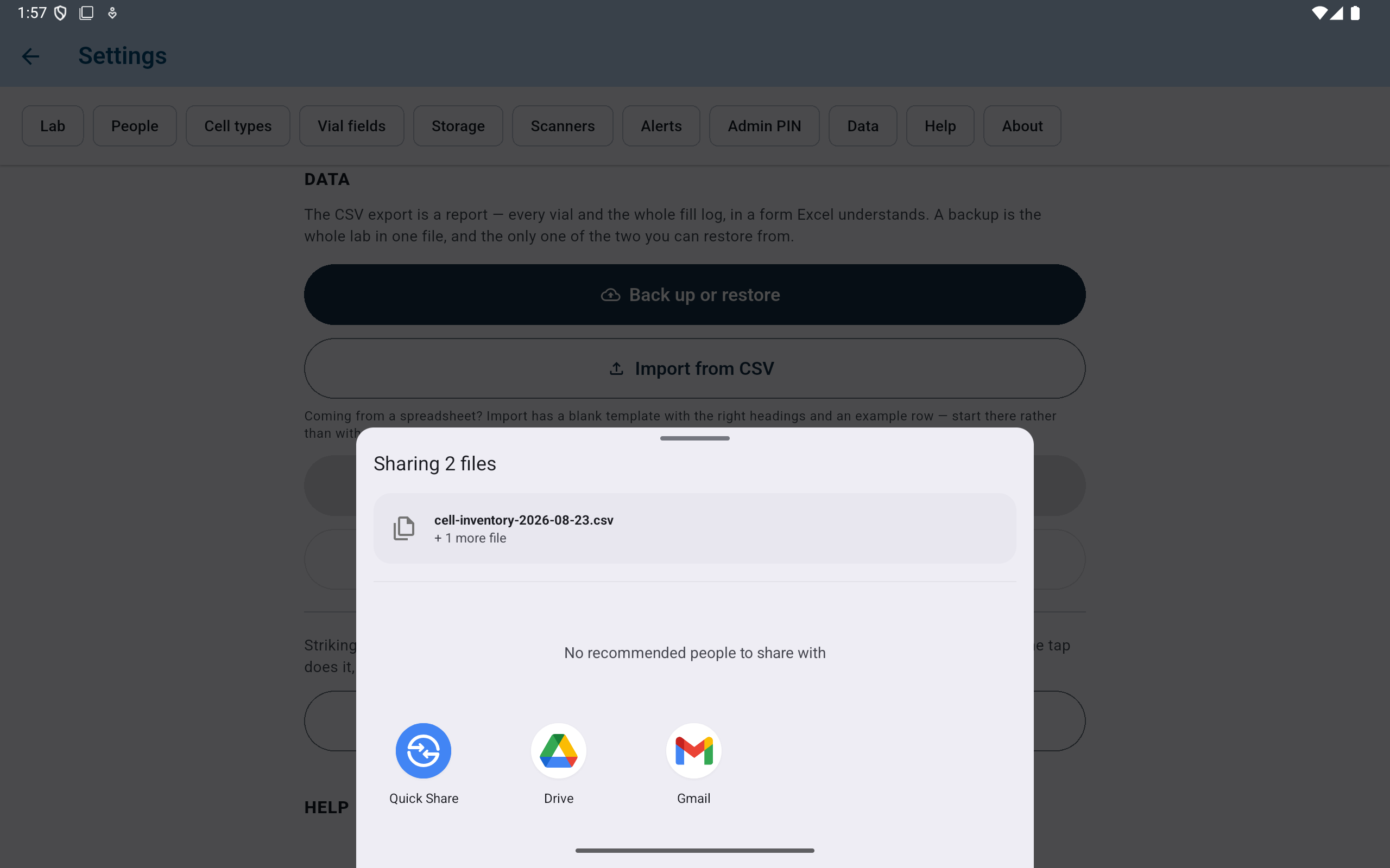 Android share sheet stating Sharing 2 files and listing the inventory CSV plus one more file.