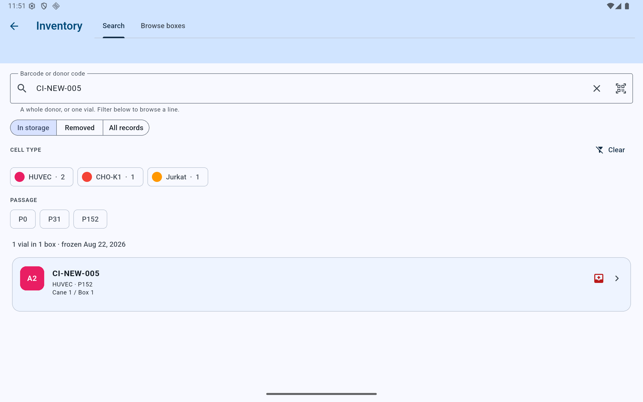 CryoIndex inventory search showing a barcode query, storage-status controls, cell-line and passage filters, and one matching vial.