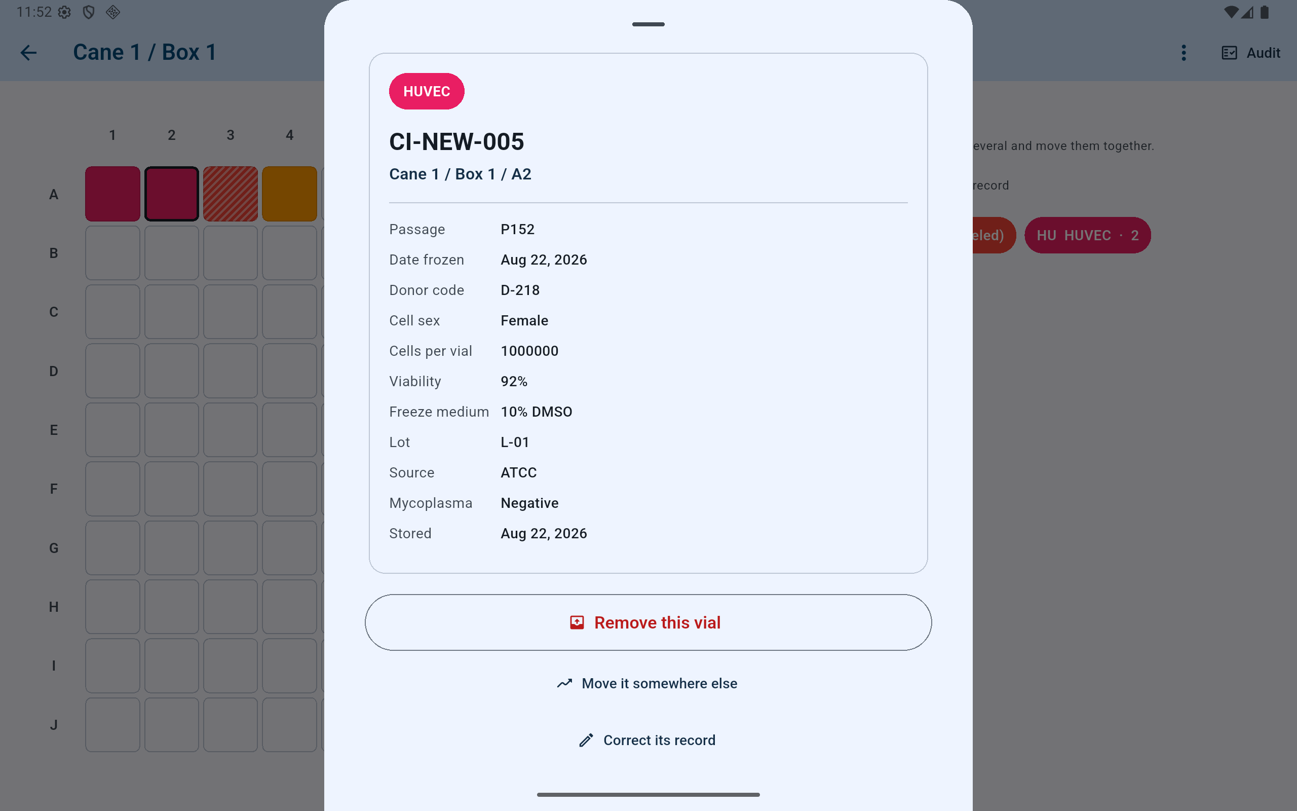 CryoIndex vial details showing the identifier, exact address, biological metadata, and separate actions to remove, move, or correct the vial.