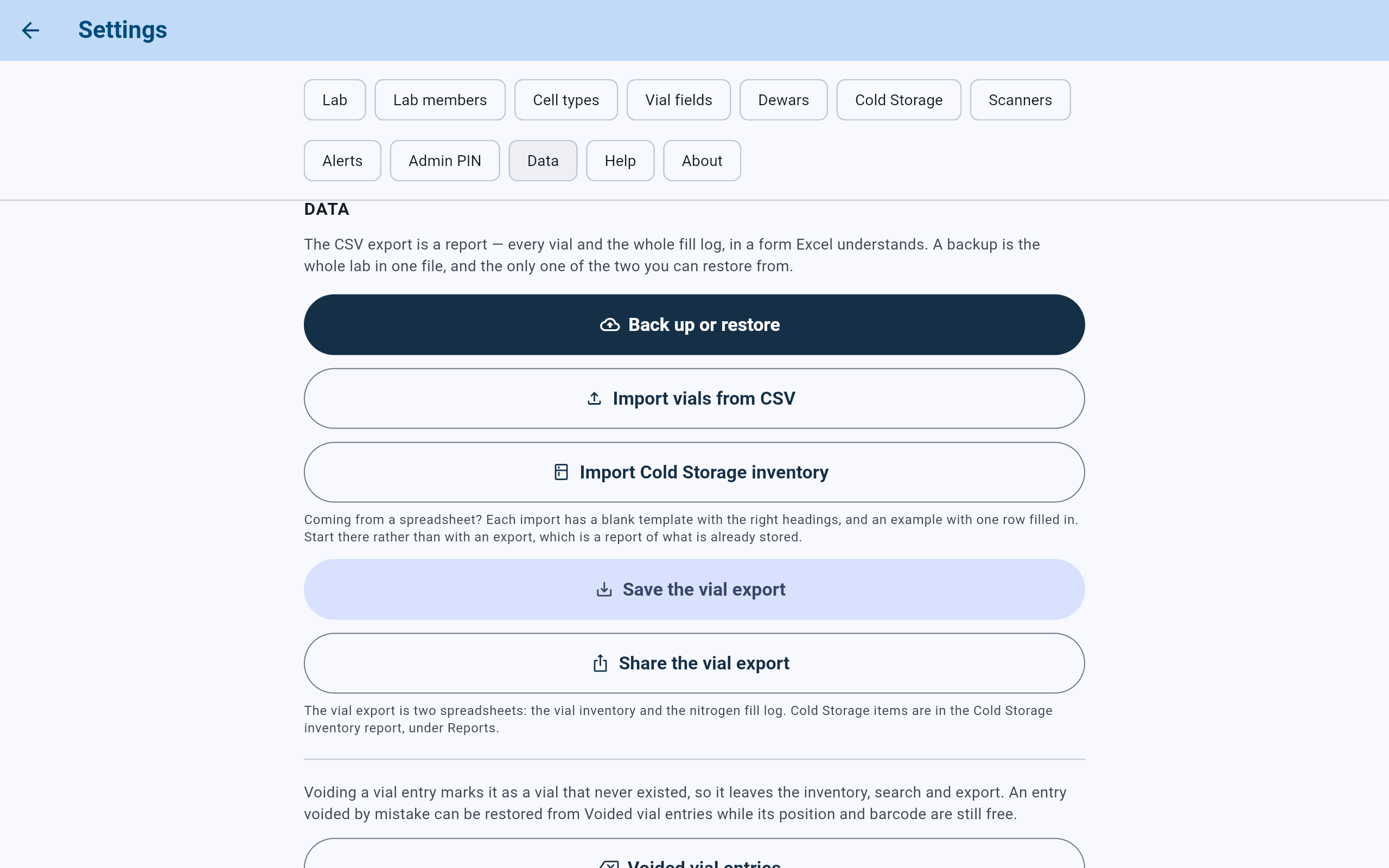CryoIndex Settings, Data section, with the buttons Back up or restore, Import vials from CSV, Import Cold Storage inventory, Save the vial export and Share the vial export.