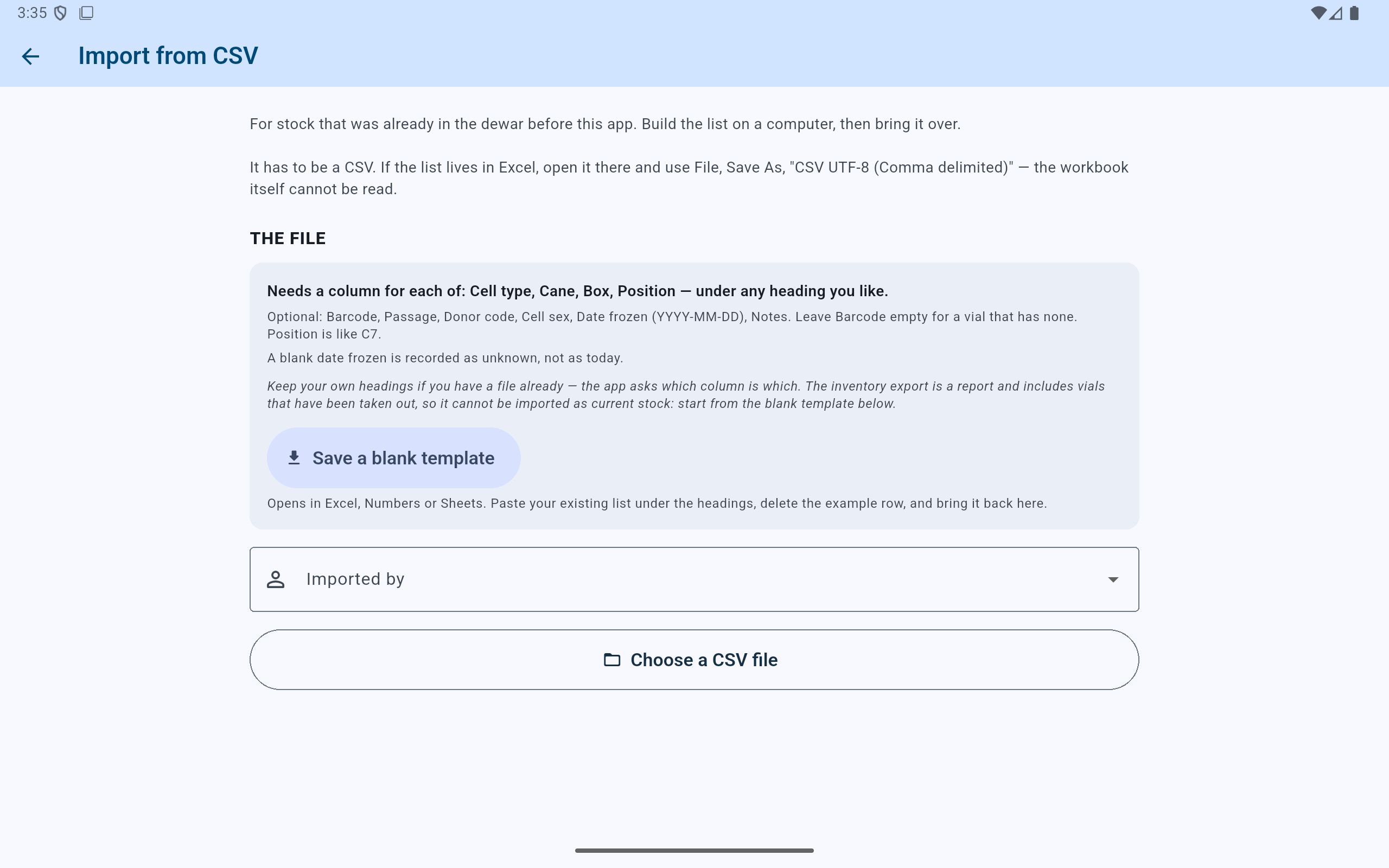 CryoIndex Settings Data section with Import from CSV entry.