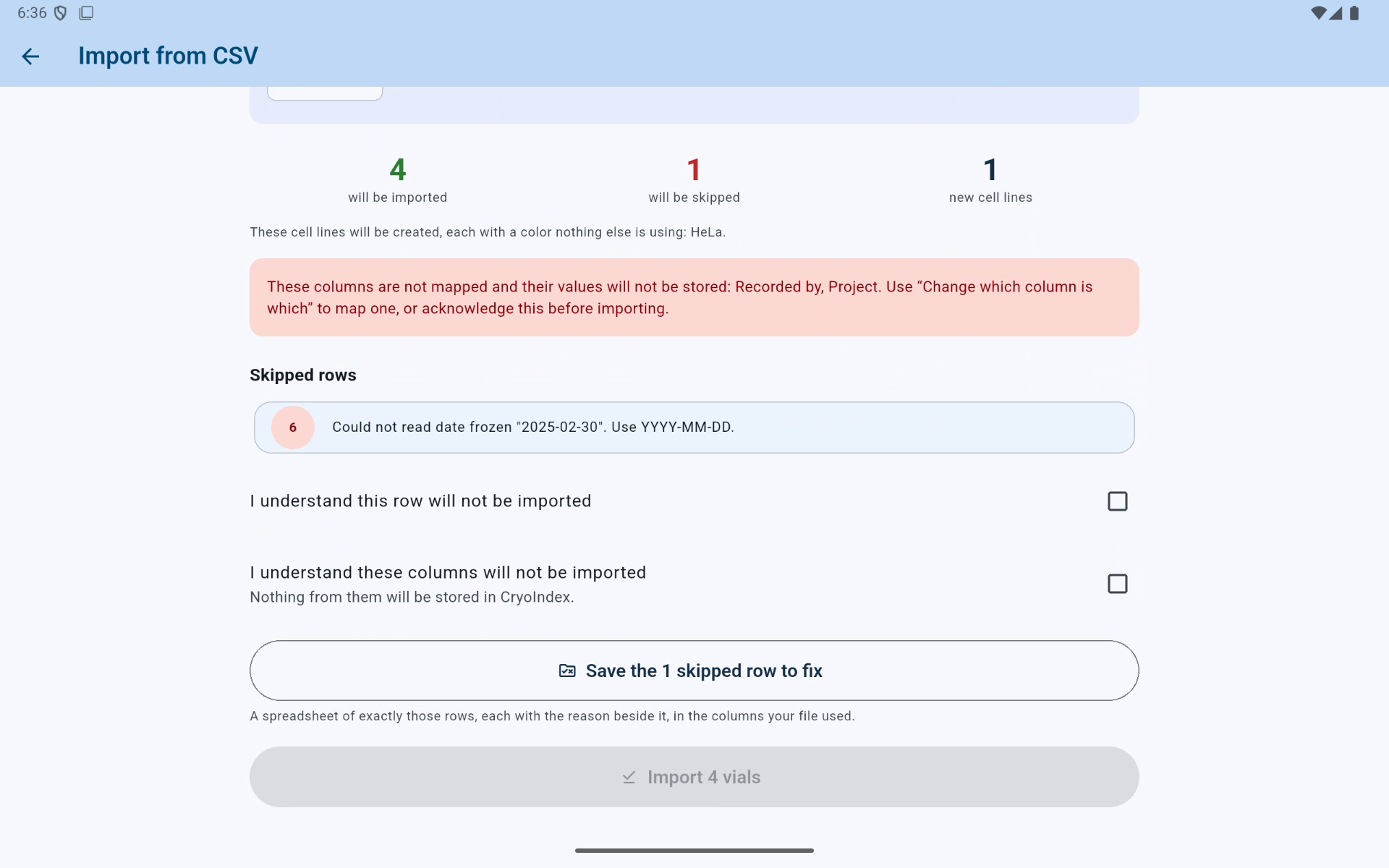 CryoIndex established-lab final CSV review showing accepted and skipped totals, ignored columns, acknowledgements and the Import 4 vials button.