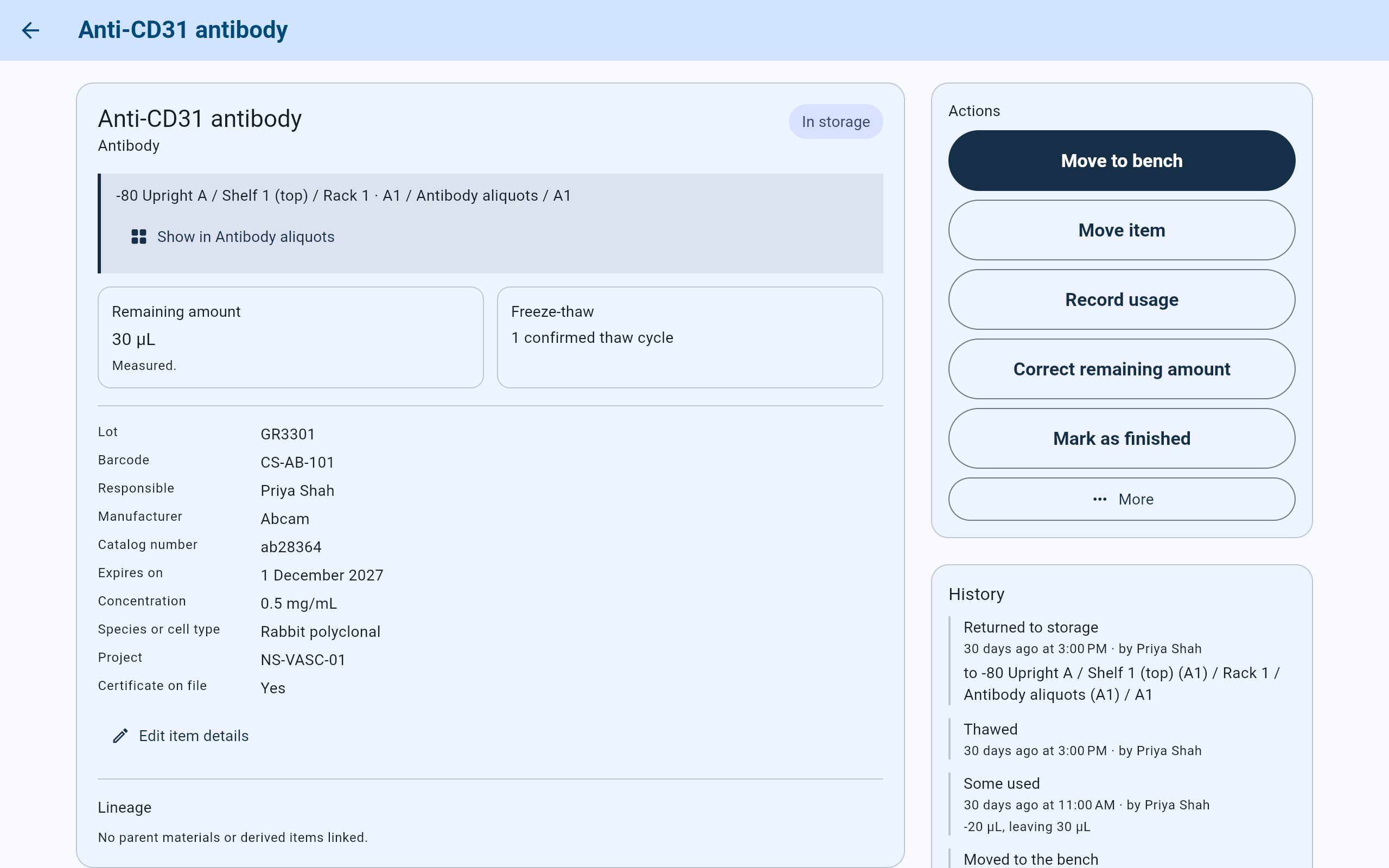 CryoIndex item screen for Anti-CD31 antibody, type Antibody, In storage, at -80 Upright A, Shelf 1 (top), Rack 1 · A1, Antibody aliquots, A1, with Show in Antibody aliquots, Remaining amount 30 µL Measured, Freeze-thaw 1 confirmed thaw cycle, details with Responsible Priya Shah, and an Actions column headed by Move to bench.