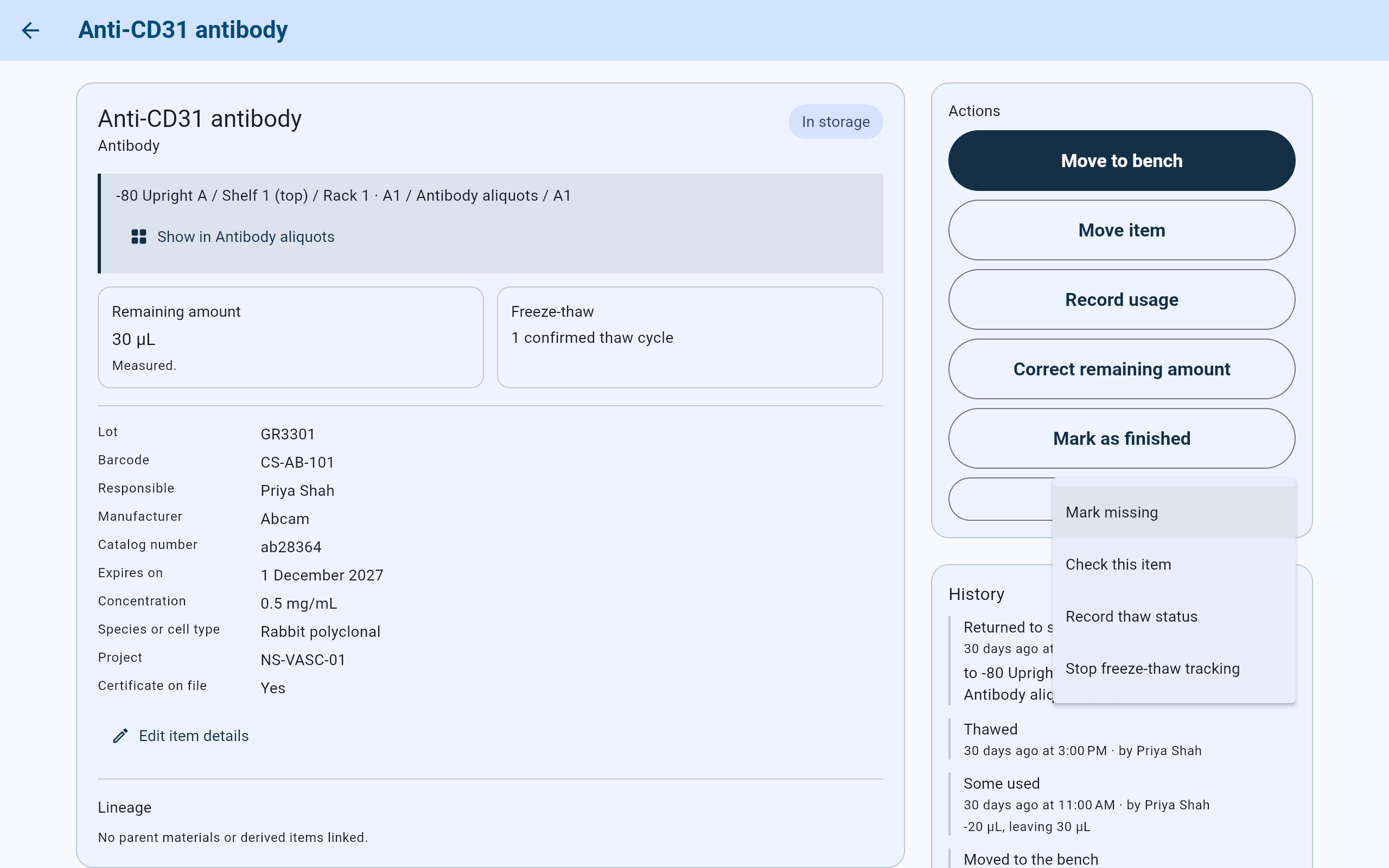 CryoIndex item screen for Anti-CD31 antibody with the More menu open, listing Mark missing, Check this item, Record thaw status and Stop freeze-thaw tracking.