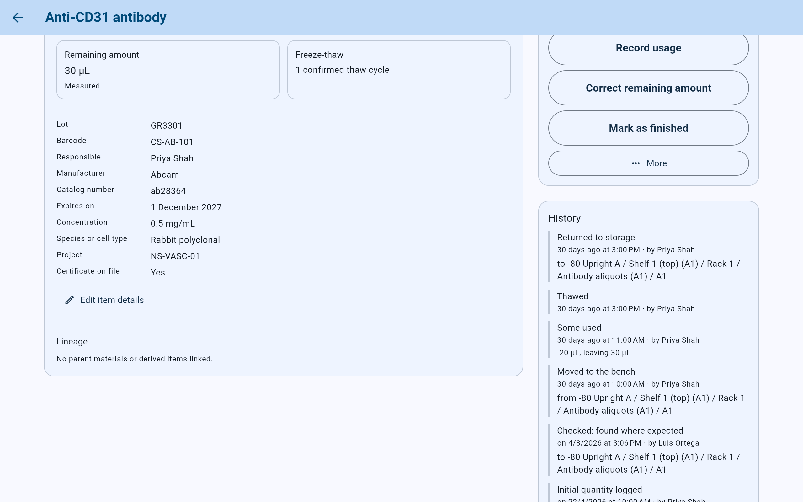 Lower part of the CryoIndex item screen for Anti-CD31 antibody: Lot GR3301, Barcode CS-AB-101, Responsible Priya Shah, Manufacturer Abcam, Catalog number ab28364, Expires on 1 December 2027, Concentration, Species or cell type, Project, Certificate on file Yes, Edit item details, Lineage, and History entries Returned to storage, Thawed, Some used, Moved to the bench and Checked: found where expected.