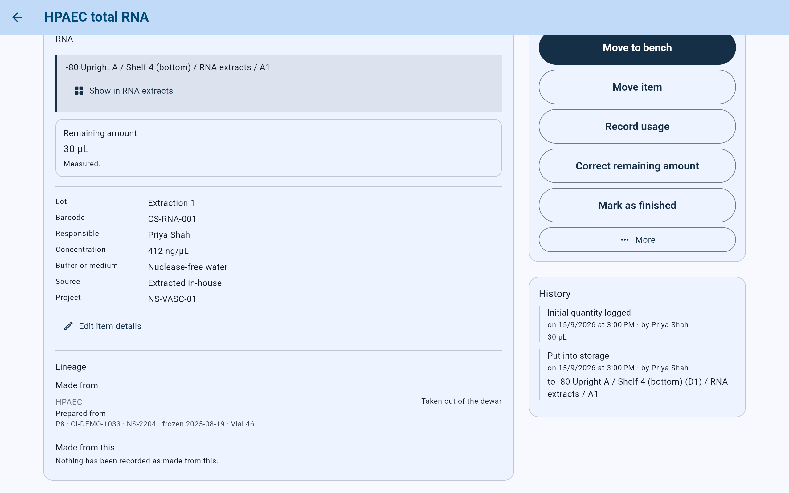 CryoIndex item screen for HPAEC total RNA, CS-RNA-001, with Remaining amount 30 µL and, under Lineage, Made from HPAEC, Prepared from, P8 · CI-DEMO-1033 · NS-2204 · frozen 2025-08-19 · Vial 46, marked Taken out of the dewar, and Made from this: Nothing has been recorded as made from this.