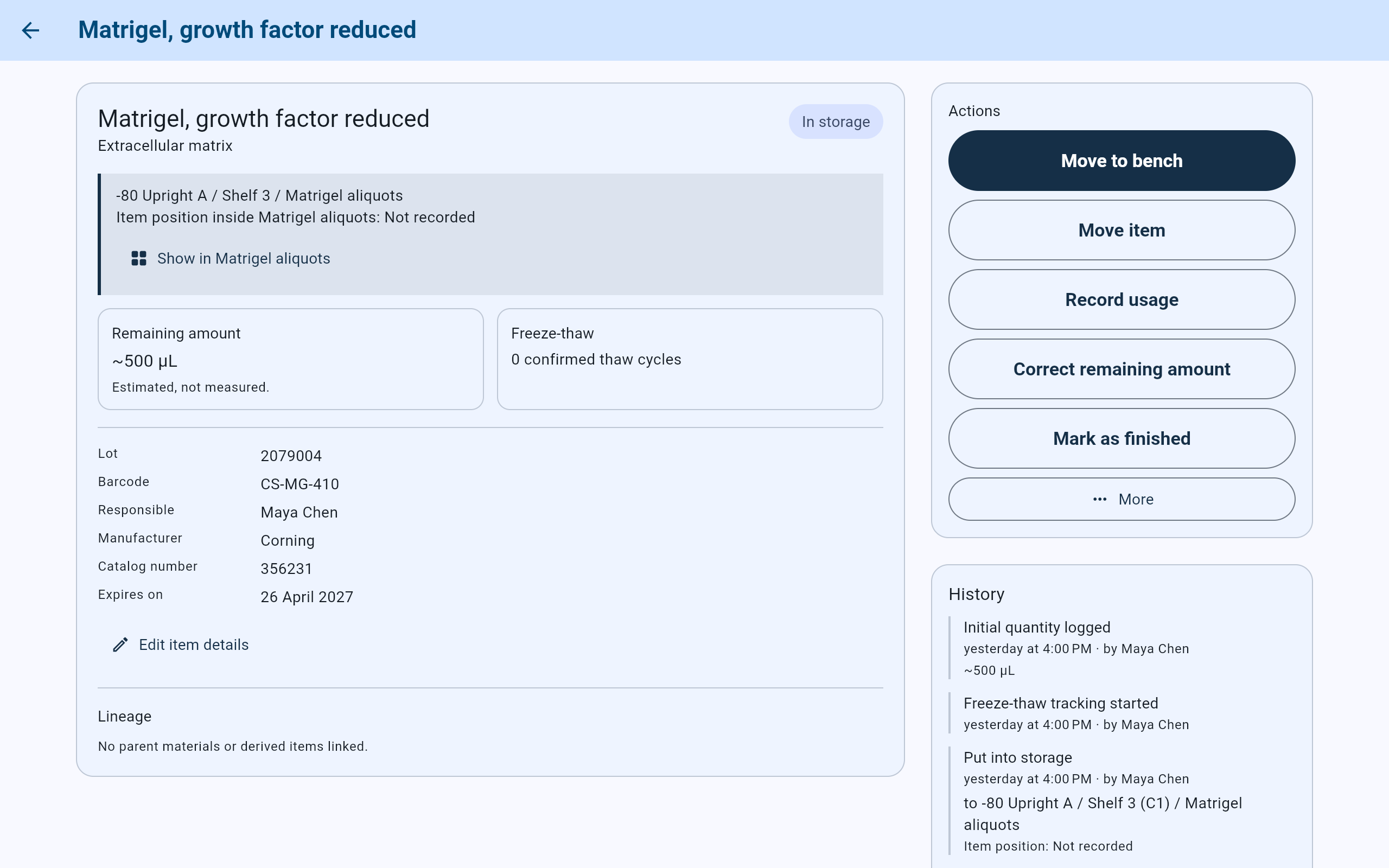 CryoIndex item screen for Matrigel, growth factor reduced, In storage at -80 Upright A, Shelf 3, Matrigel aliquots, with Item position inside Matrigel aliquots: Not recorded, Show in Matrigel aliquots, Remaining amount ~500 µL Estimated, not measured, and Freeze-thaw 0 confirmed thaw cycles.