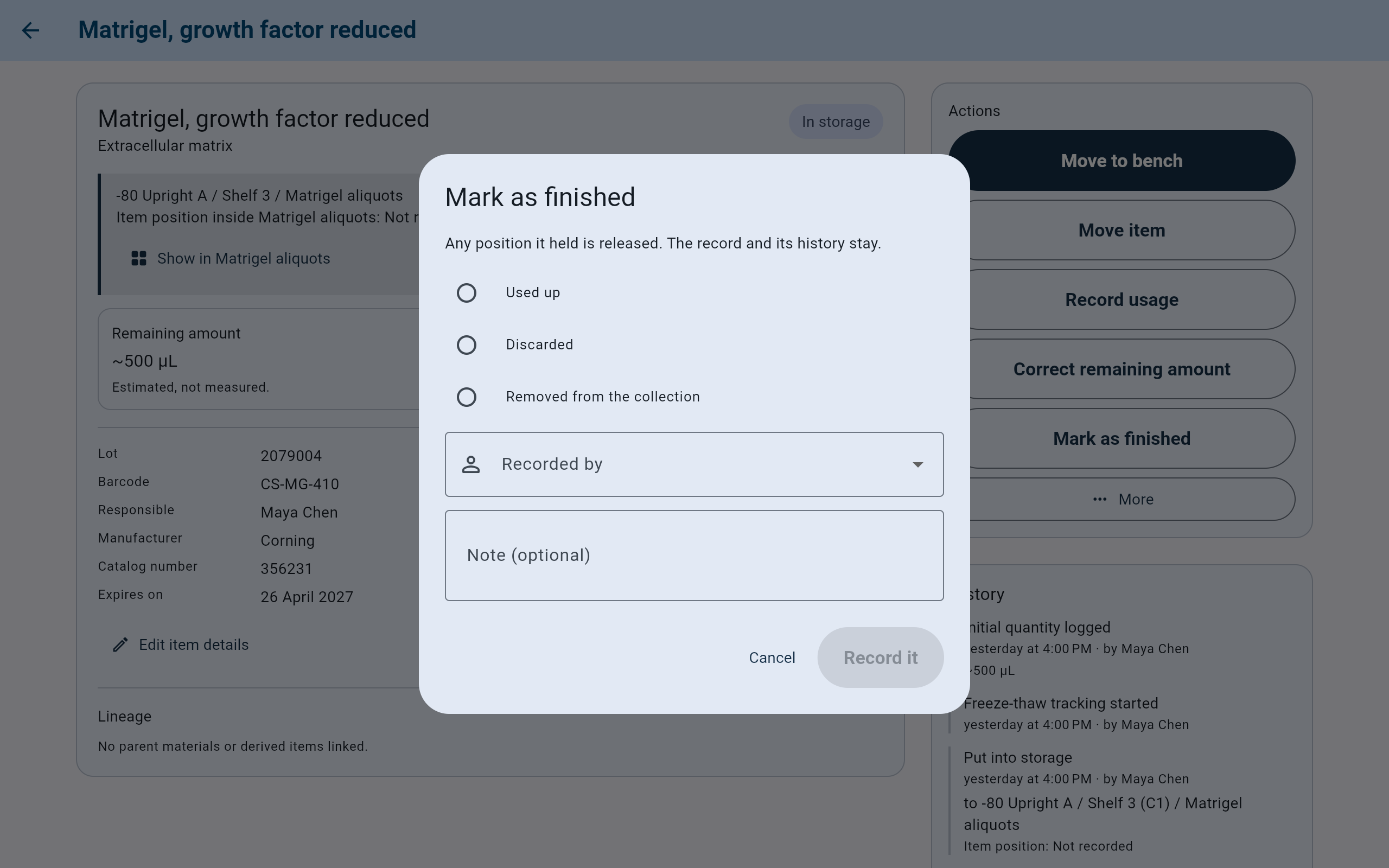 CryoIndex Mark as finished dialog over the Matrigel item screen: Any position it held is released. The record and its history stay. Choices Used up, Discarded and Removed from the collection, an empty Recorded by, a note field, Cancel, and an unavailable Record it button.