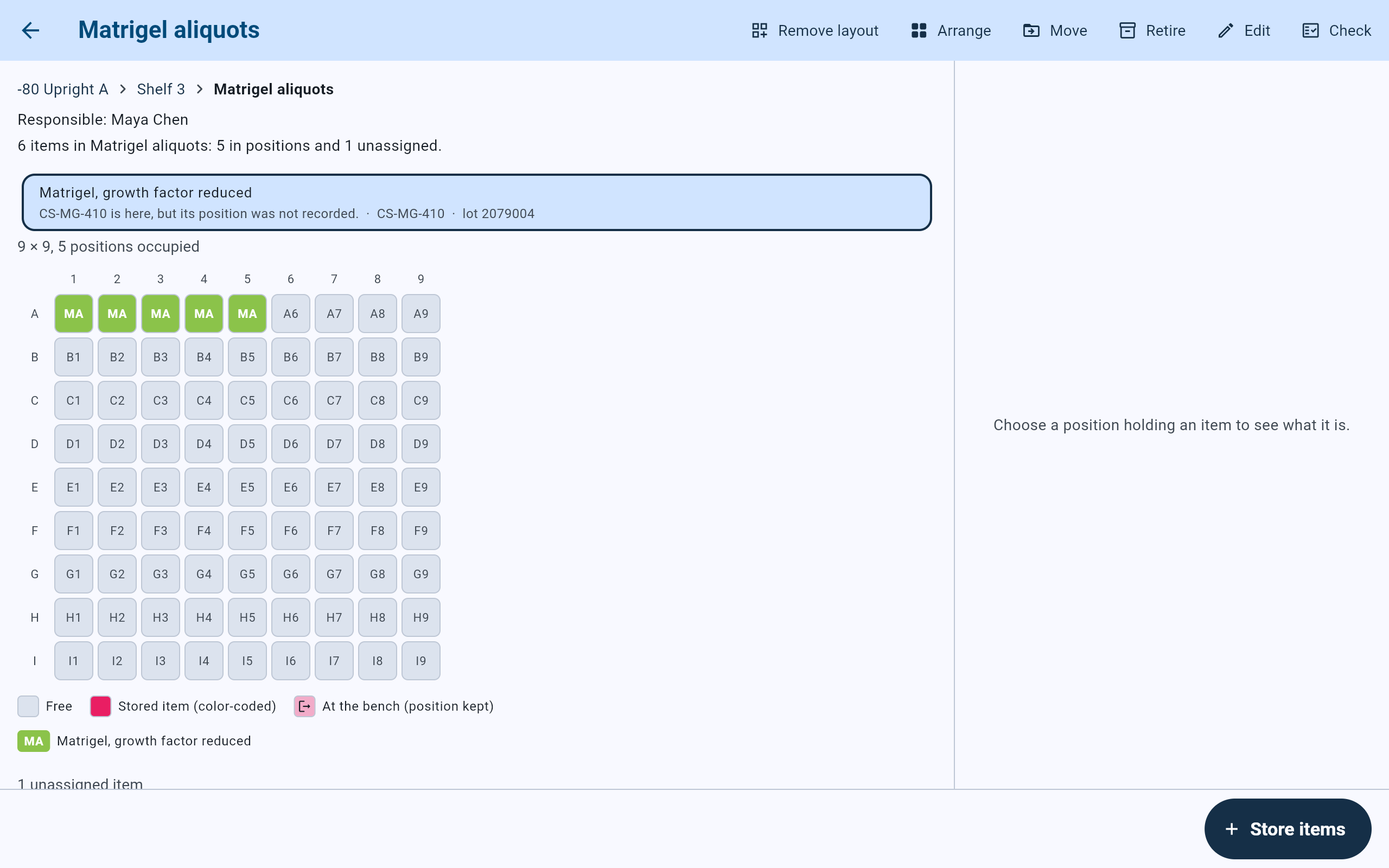 CryoIndex box screen for Matrigel aliquots opened with Show in, reading 6 items in Matrigel aliquots: 5 in positions and 1 unassigned, with a highlighted card saying CS-MG-410 is here, but its position was not recorded, above a 9 by 9 grid with A1 to A5 filled.