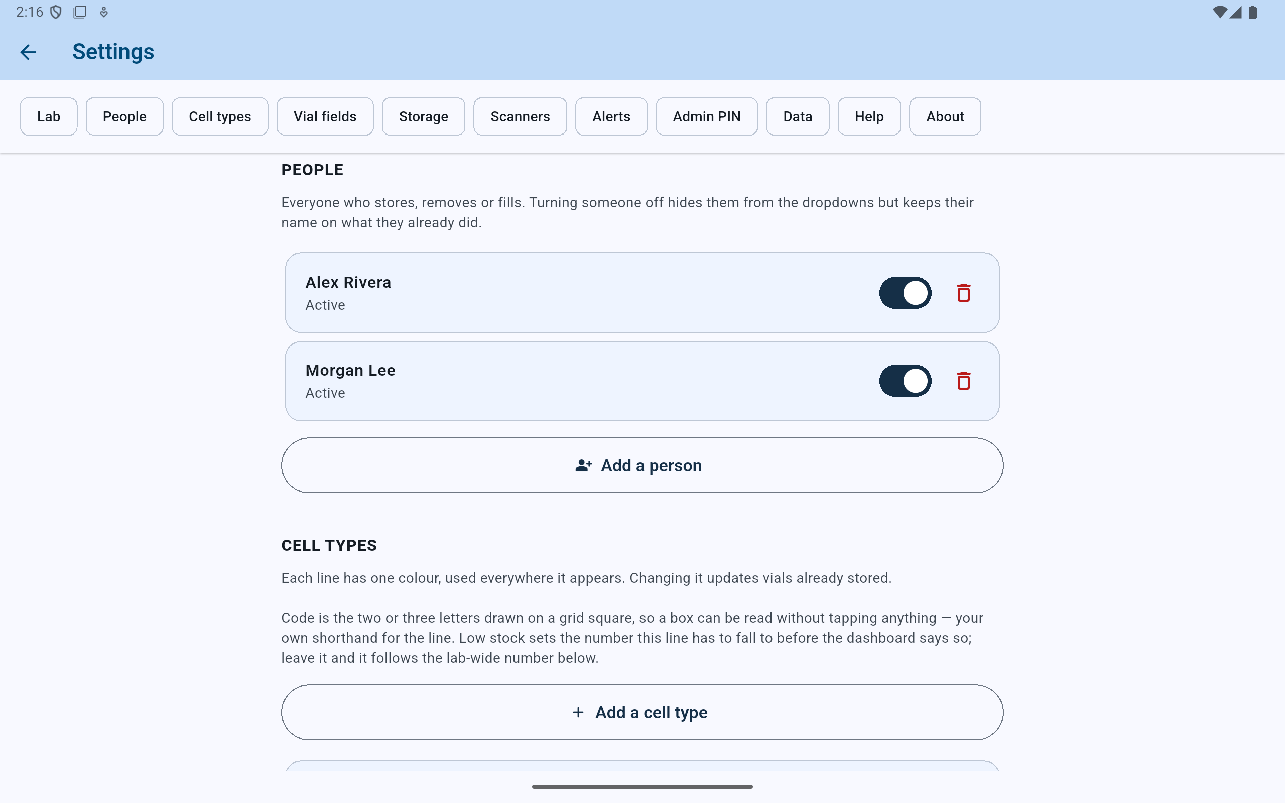 CryoIndex People settings listing Alex Rivera and Morgan Lee as active, with switches, delete controls, and Add a person.