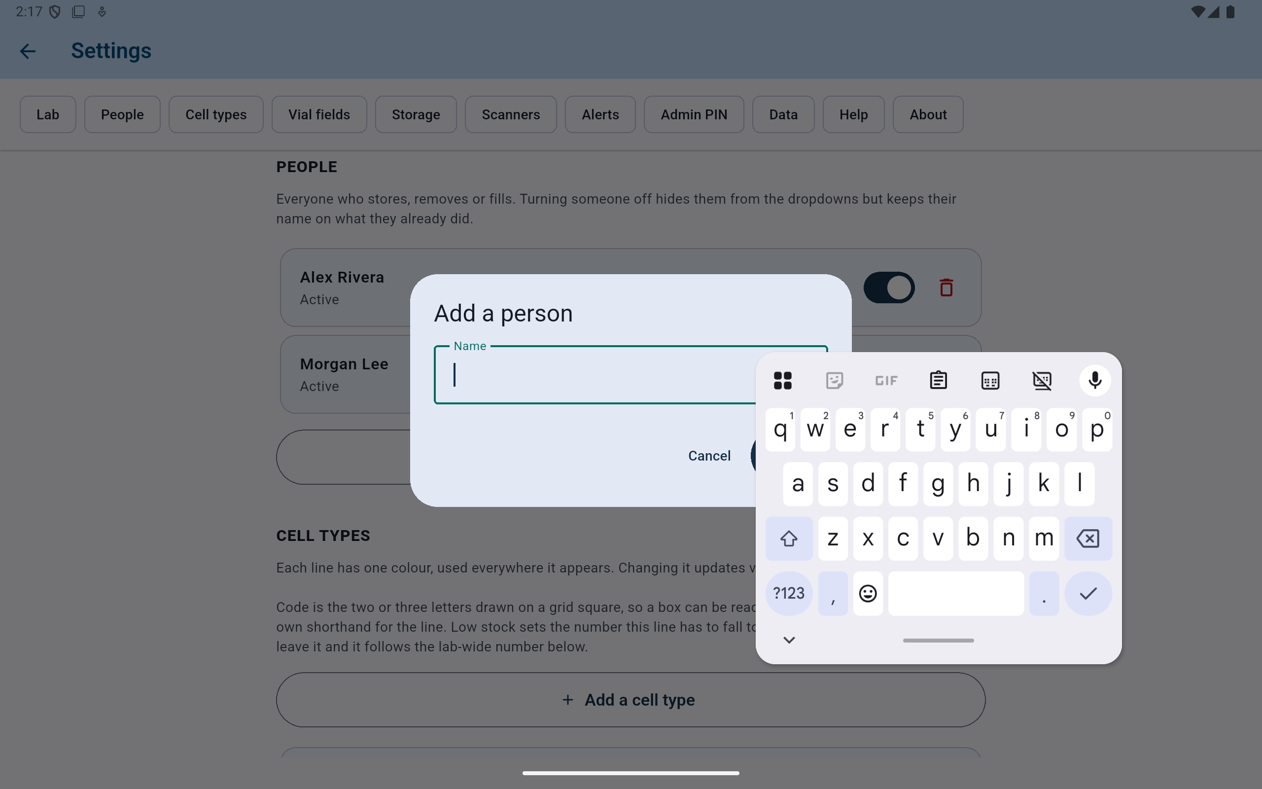 CryoIndex Add a person dialog with a Name field, Cancel, and Add.
